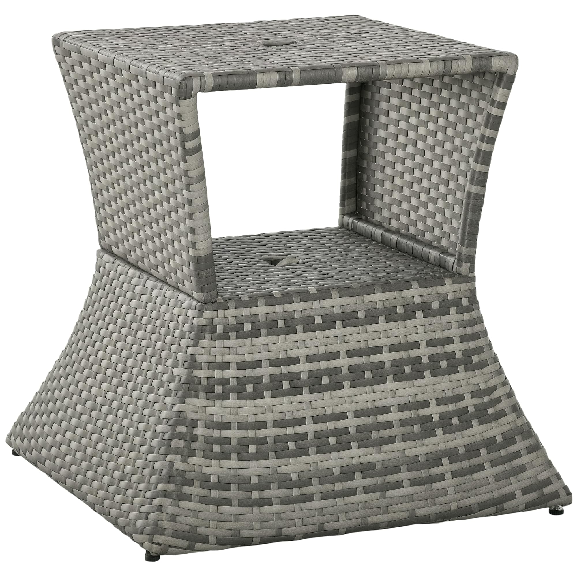Outsunny Outdoor Side Table with Umbrella Hole, 2 Tier Rattan Wicker End Table with Storage Shelf, All Weather for Outdoor, Patio, Garden, Backyard, Mixed Gray