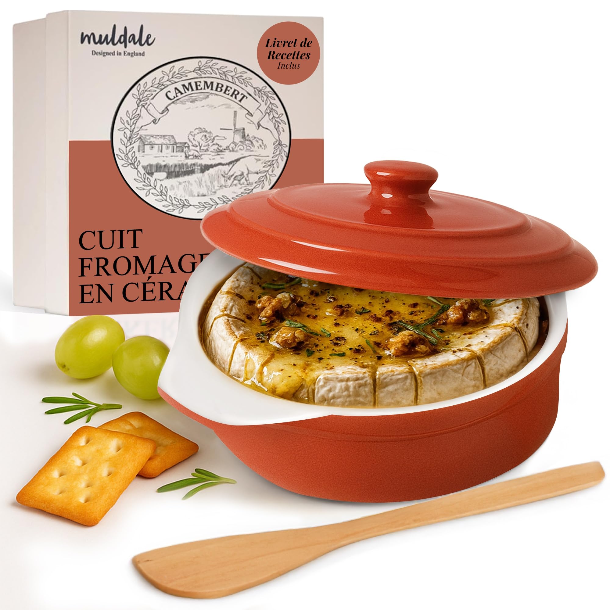 Muldale Plat de cuisson à camembert – Rouge – Plat de cuisson à brie sans plomb avec couvercle – 14 cm – Avec épandeur et boîte