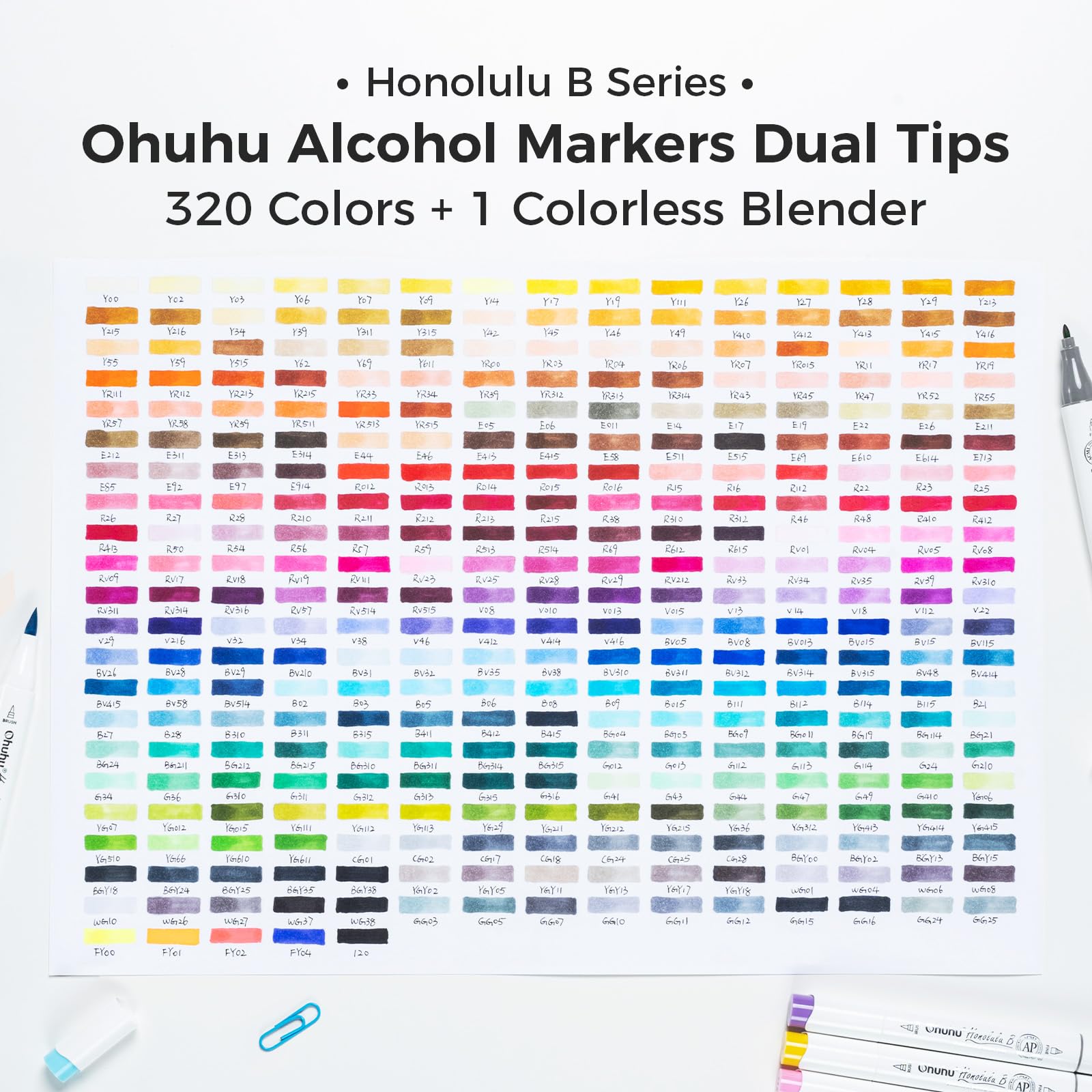 Ohuhu Pennarelli ad Alcool 320 Colori, da Disegno Doppia Punta (Pennello e Punta Fine), per Artisti Adulti Colorazione e Illustrazione, 1 Miscelatore Omaggio