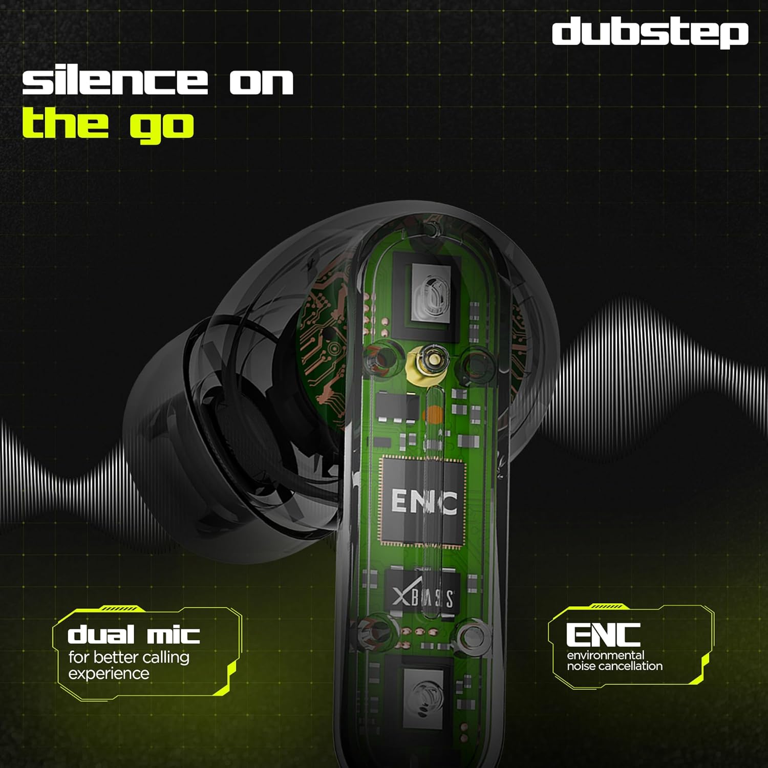 Diagram illustrating the touch controls on the Dubstep Buzz X8 earbuds for various functions like play/pause, volume, track skipping, and voice assistant.