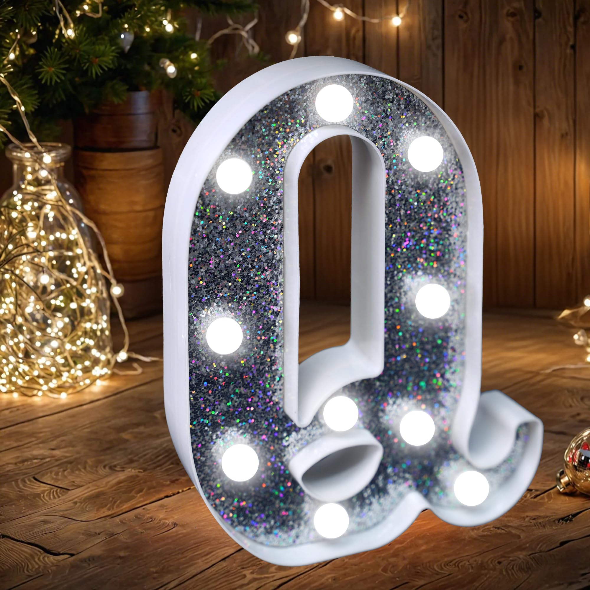LED Marquee Letter Lights, Light Up Silver Glitter Letters Sign Battery Powered Night Light for Birthday Party Wedding Home Decoration Baby Shower-Q — image 1