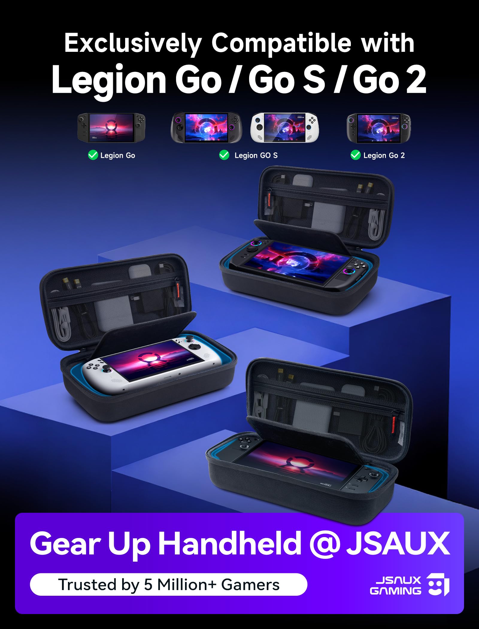 JSAUX Custodia da Trasporto per Lenovo Legion Go / Go S / Legion Go 2, Astuccio da Viaggio Rigido ad Alta Capacità, Copertura Protettiva per Schermo con Impugnatura, Borsa Porta Accessori, Nero