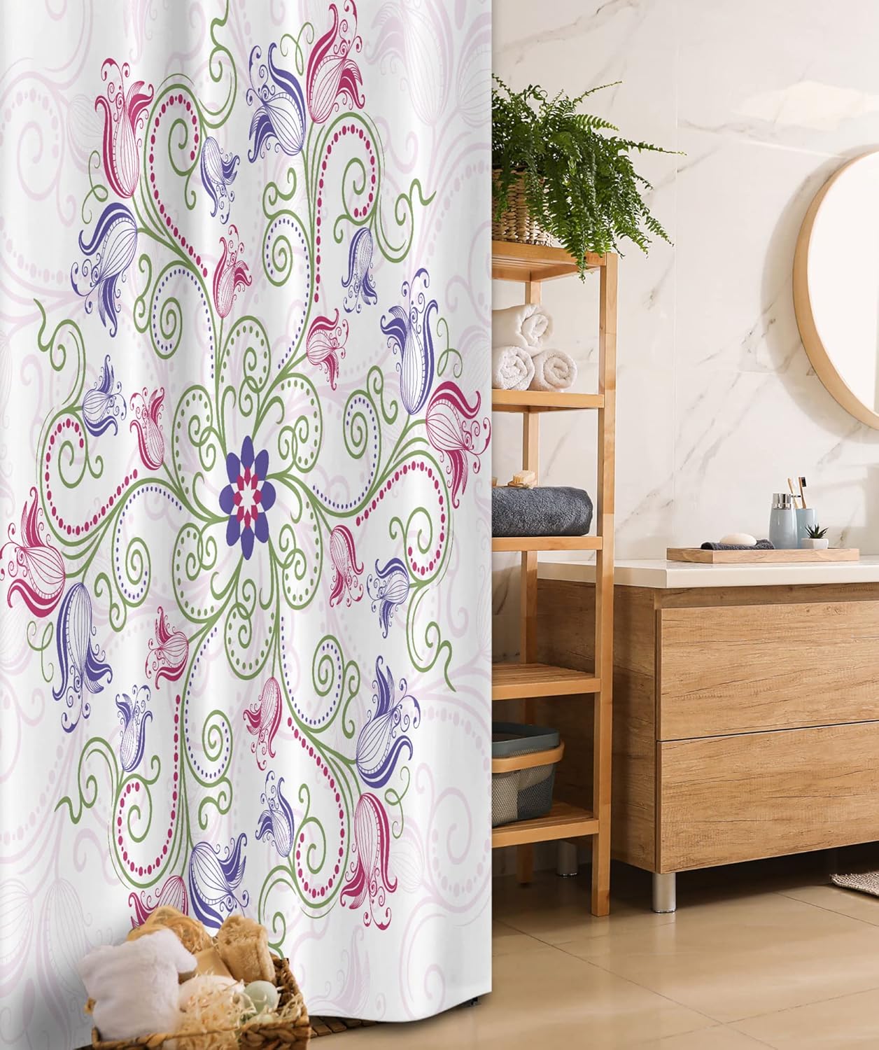 Ambesonne Mandala Stall Shower Curtain, Round Flower Frame Design Classical Vintage Floral Art Ottoman Tulips, Fabric Bathroom Decor Set with Hooks, 36" W x 72" L, Purple Green