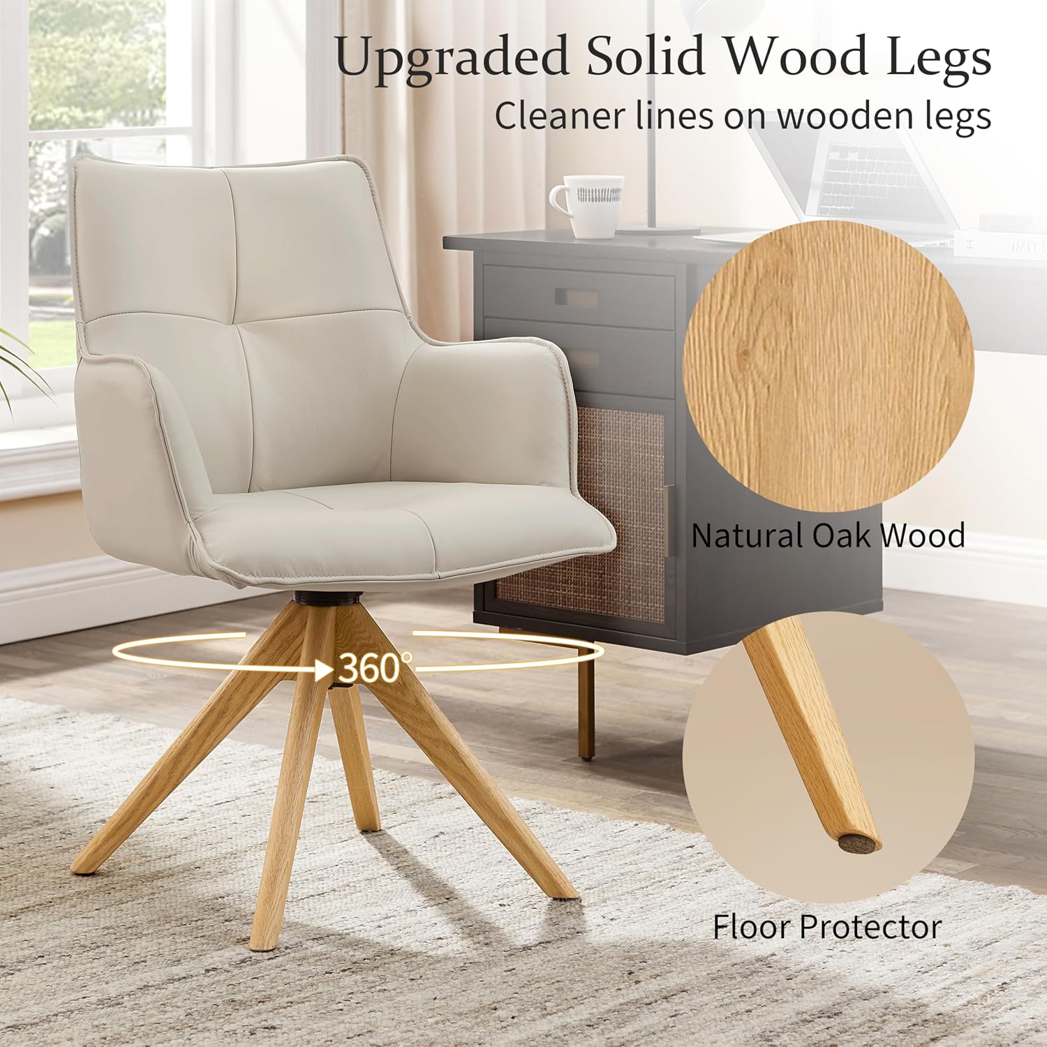 Zouron Genuine Leather Desk Chair No Wheels, Swivel Office Chair with Wood Legs, Modern Upholstered Accent Armchair for Home Office, Bedroom, Living Room, Off White