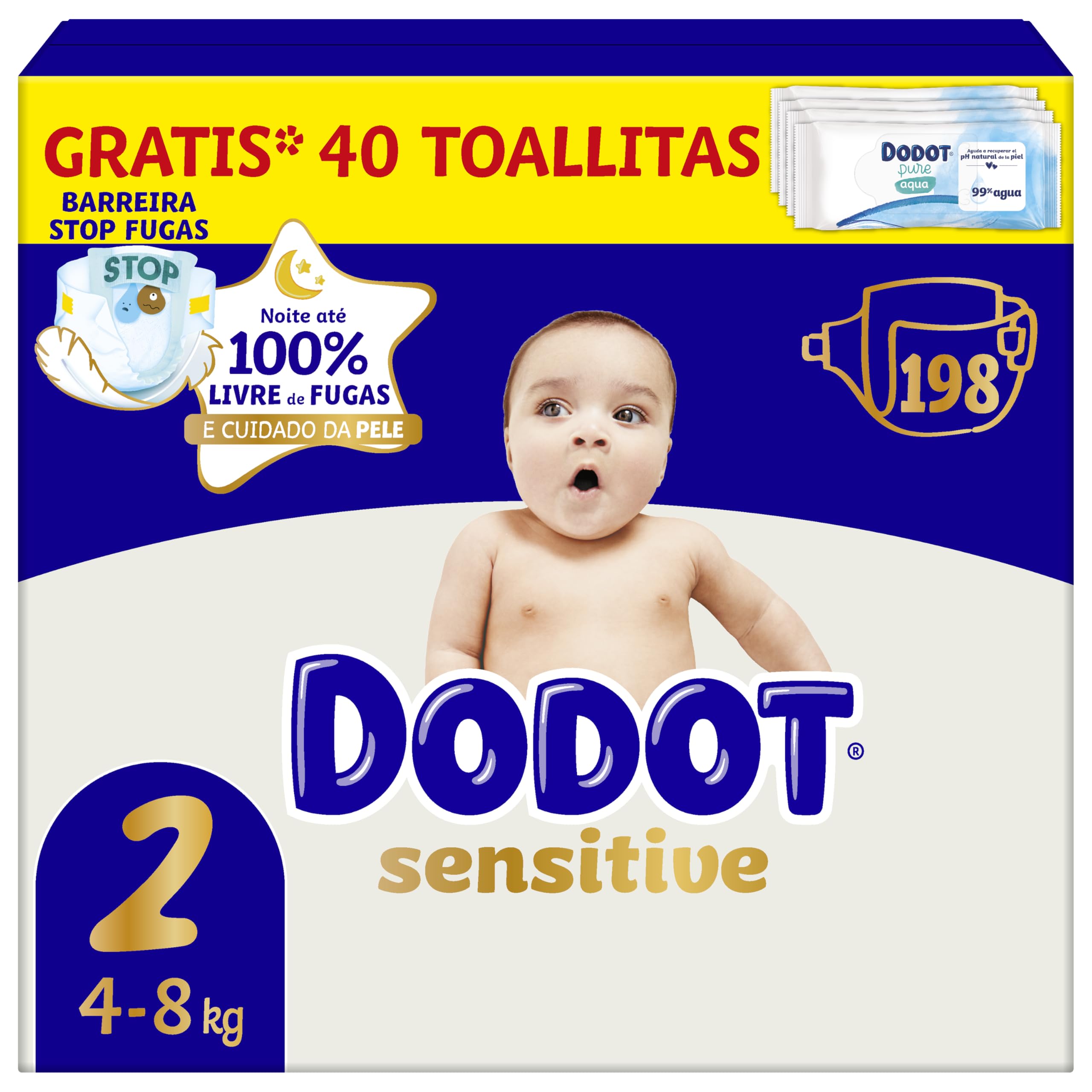 Dodot Pañales Bebé Sensitive, Talla 2 (4-8 kg), 198 Pañales + Regalo de 40 Toallitas Aqua Pure 99% Agua, Hasta 12 h De Protección Antifugas y Cuidado de la Piel, Pack Mensual en oferta en Amazon
