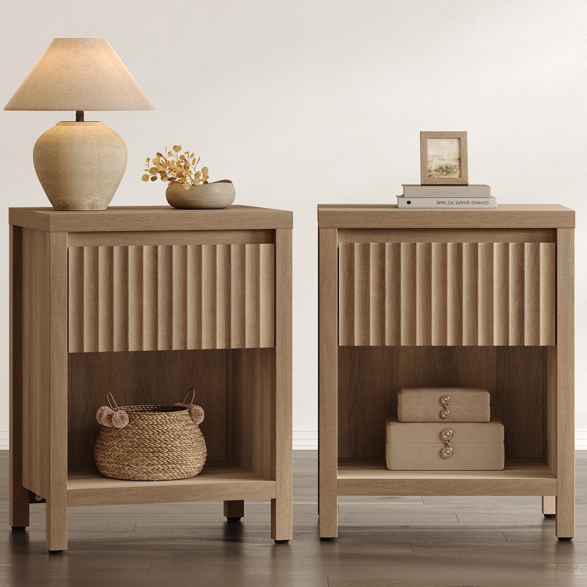 SICOTAS Fluted Night Stand Set of 2, Farmhouse Nightstands with Drawer, Boho Bedside Table with Storage Shelf, Large End Tables Bed Side Tables for