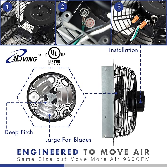 The iLIVING 12" Wall Mounted Shutter Exhaust Fan is a powerful ventilation solution designed for homes, garages, warehouses, and other spaces in need of improved air circulation. With a maximum airflow of 960 cubic feet per minute (CFM), this fan can effectively cool and ventilate areas up to 1400 square feet in size.