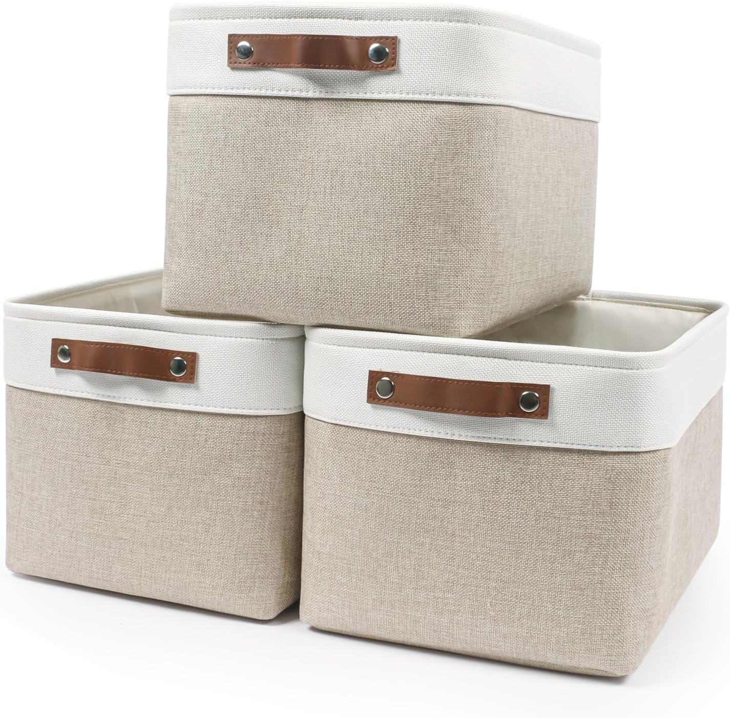 Storage Bins Large Fabric Storage Baskets for Shelves 3 Pack, Decorative Linen Closet Baskets with Handles for Organizing, Shelf, Clothes, Home, Office, 15x11x9.5Inches (Beige&White) Beige / Off-White Large -15"x11"x9.5"