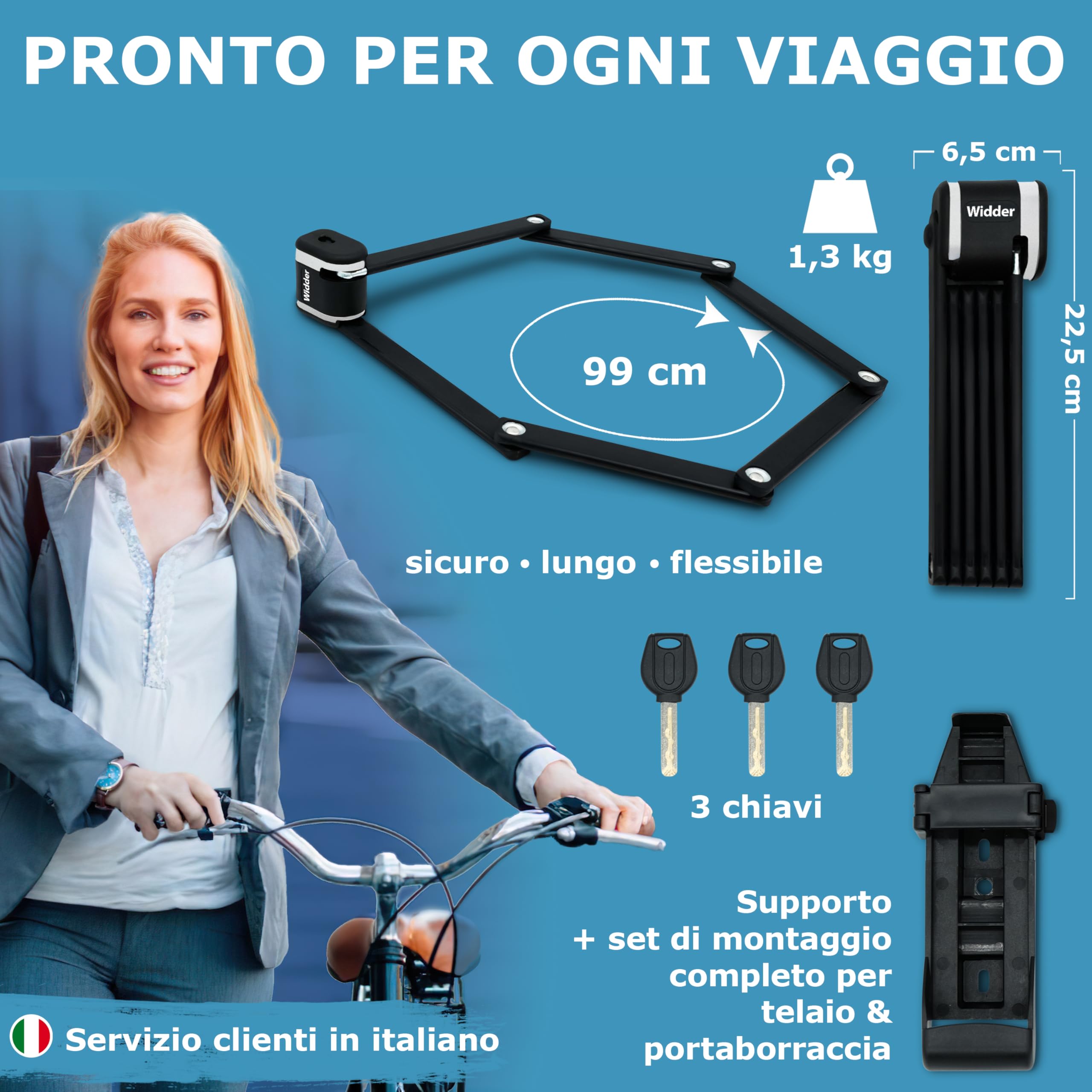 WIDDER Antifurto pieghevole bici estremamente sicuro, acciaio titanio, 99cm | Antifurto alta sicurezza, Acciaio titanio livello 15 | chiave [3x] & supporto | Lucchetto a maglie per E‑bike, scooter & bici
