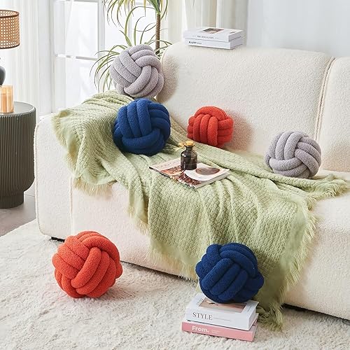 Miniatura 3 de Bola de almohada decorativa con nudo para silla del hogar, sofá, cojín redondo de terciopelo anudado estético, color verde, 8.7 pulgadas