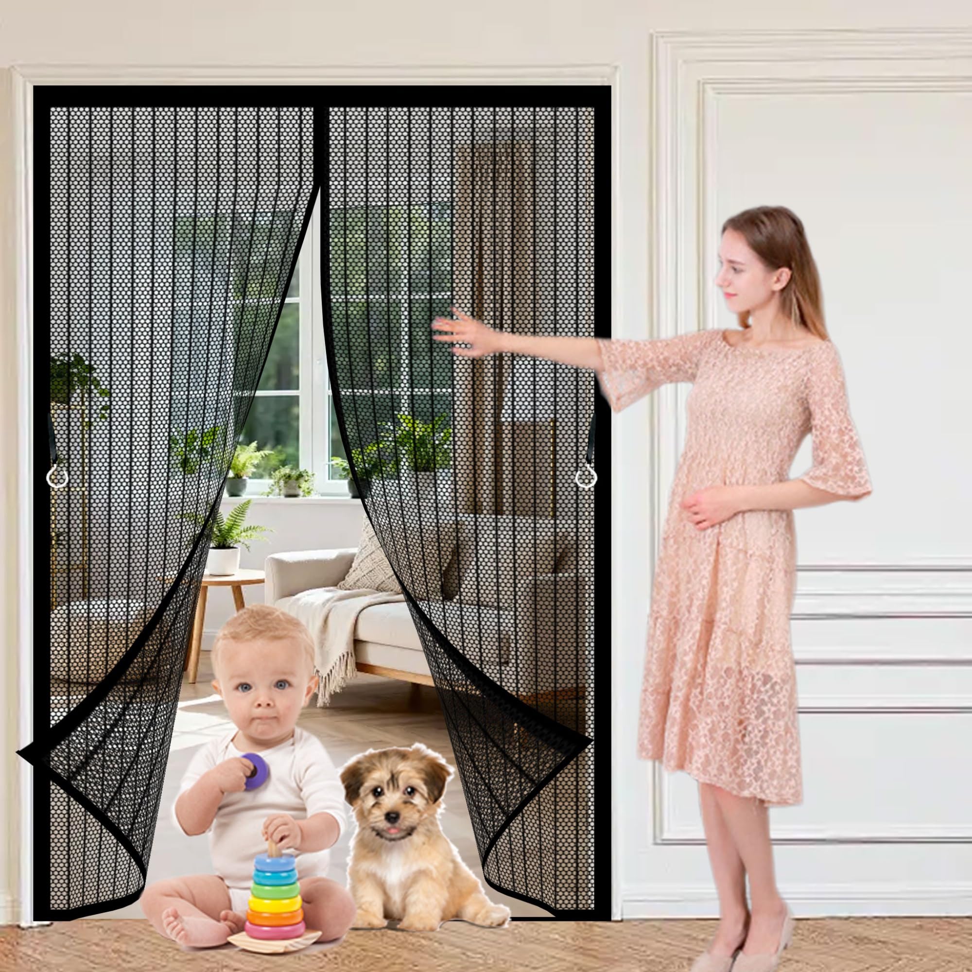 Magnetic Fly Insect Screen Door 122 x 243 cm Full Frame Magic Tape, Powerful Magnets Magnetic Fly Screens Heavy Duty, Lets Fresh Air Pet and Kid Friendly, Black