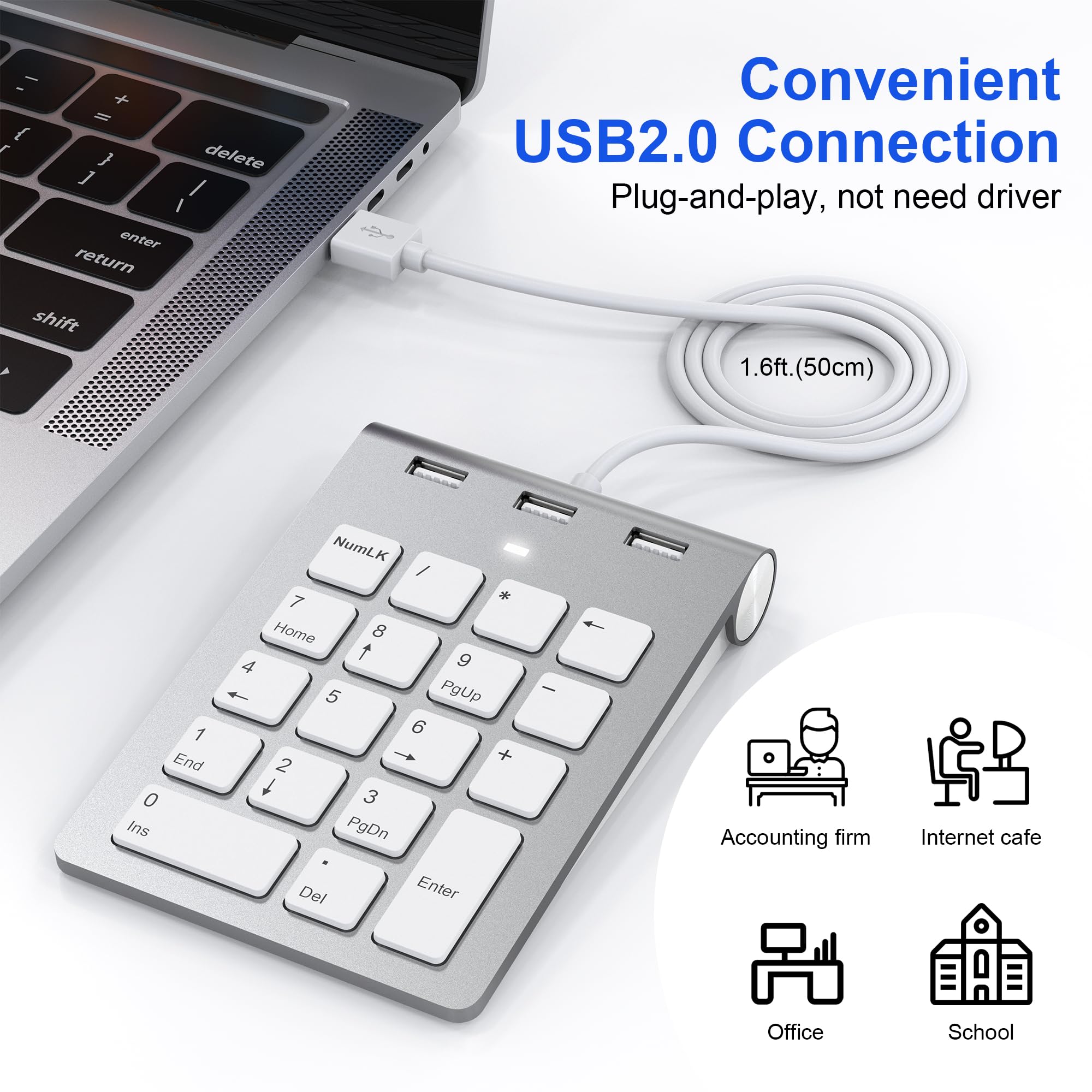 Tastierino Numerico USB - Cablato Tastierino Numerico con 3 USB Hub-480Mbps, Mini Tastiera Sottile con Filo, Cavo da 0,5 m, 18 Tasti Tastiera Numpad Portatile Calcolo per Laptop PC Desktop Surface Pad