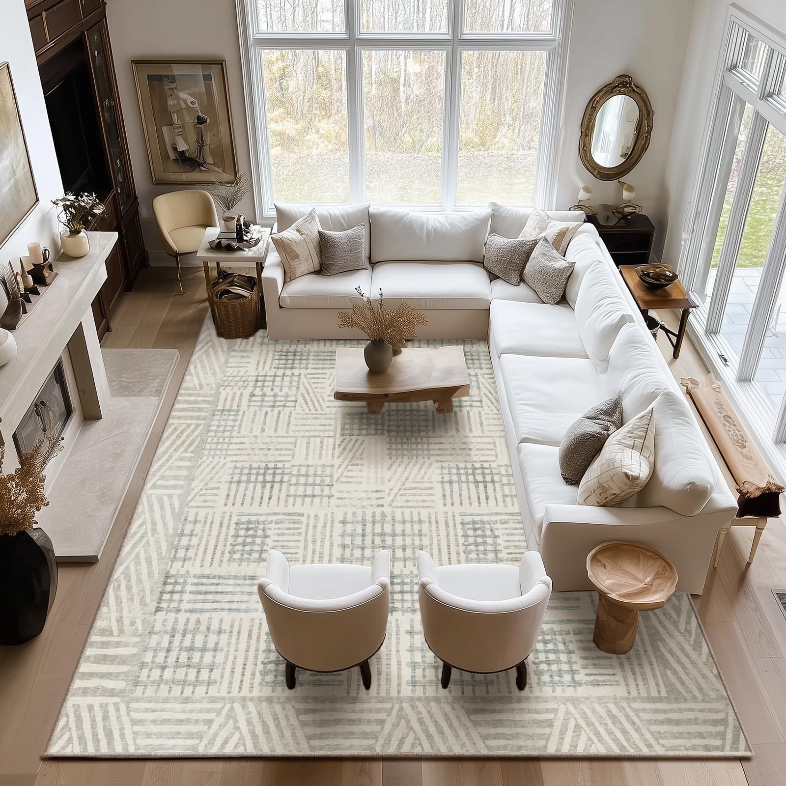 Photo 1 of ***STOCK PHOTO FOR REFERENCE ONLY***Area Rug 9x12 Abstract Geometric Textured Brushstroke - Neutral Gray & Light Blue Modern Minimalist Area Rug, Decorative Carpet for Living Room Bedroom Home Decor