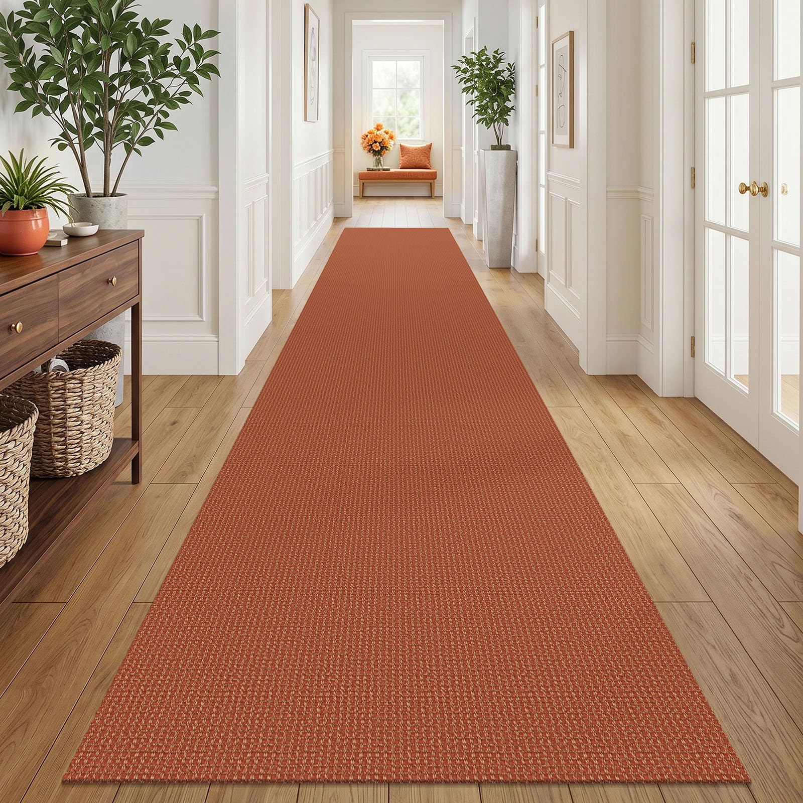 IOHOUZE Washable Exrea Long Hallway Runner Rug 3x18 Non Slip Rubber Backed Kitchen Runner Entryway Runner Indoor, Woven Rugs Floor Carpet for Kitchen Hall Entryway, Burnt Orange/Tan