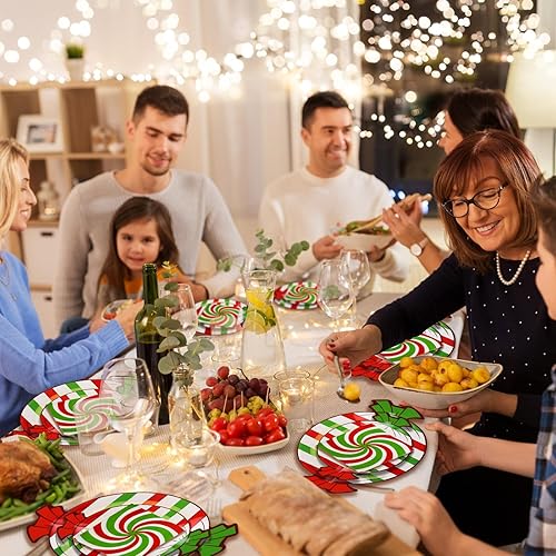 Miniatura 6 de Uiifan Juego de 300 platos y servilletas de papel de Navidad, decoración de vajilla desechable de caramelo de menta, 200 platos llanos rojos y