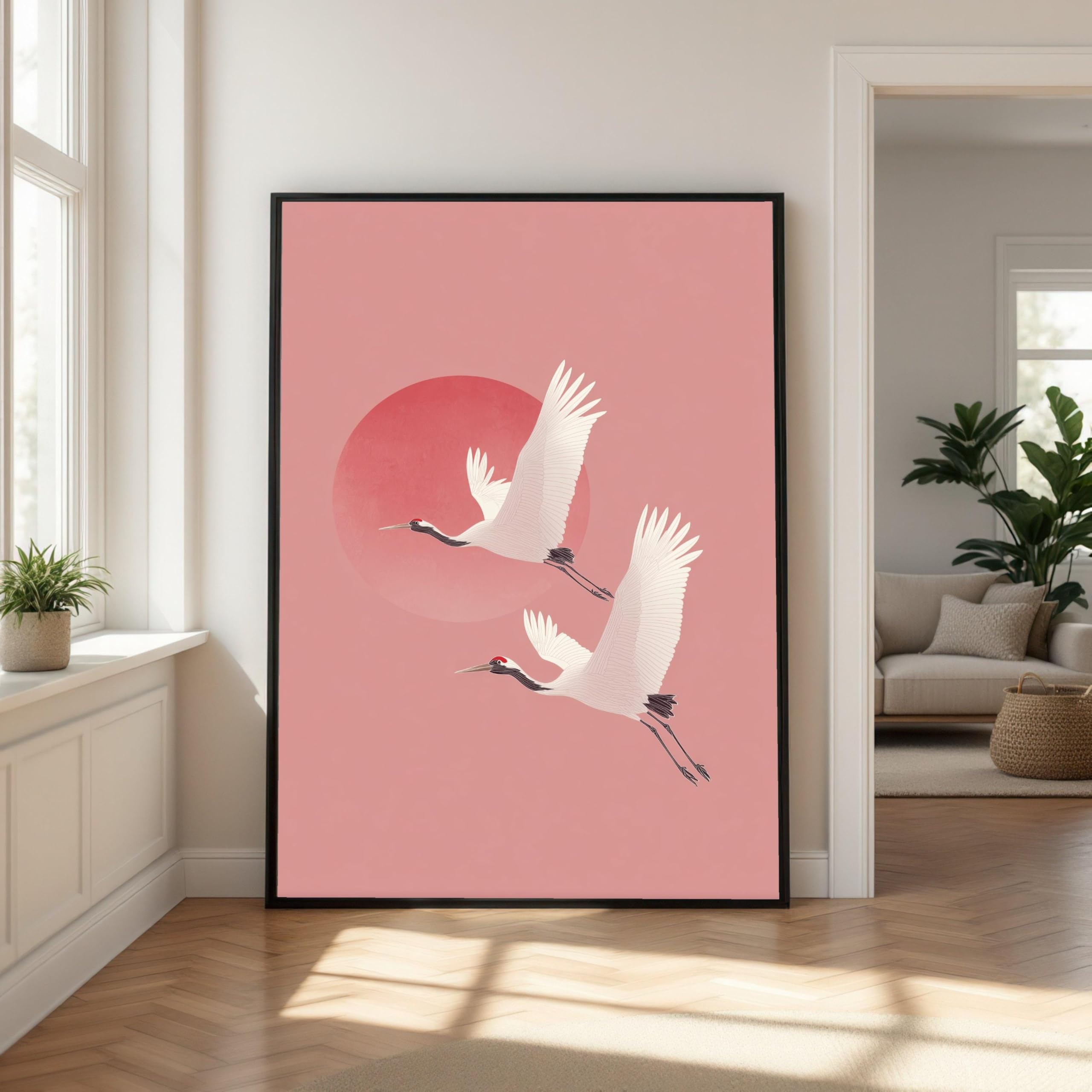 CAOXTART Flying Cranes Canvas Wall Art, Japanese Style Bird Illustration, Minimalist Nature Painting, Pink Sunset Background(60x80cm/Frameless)