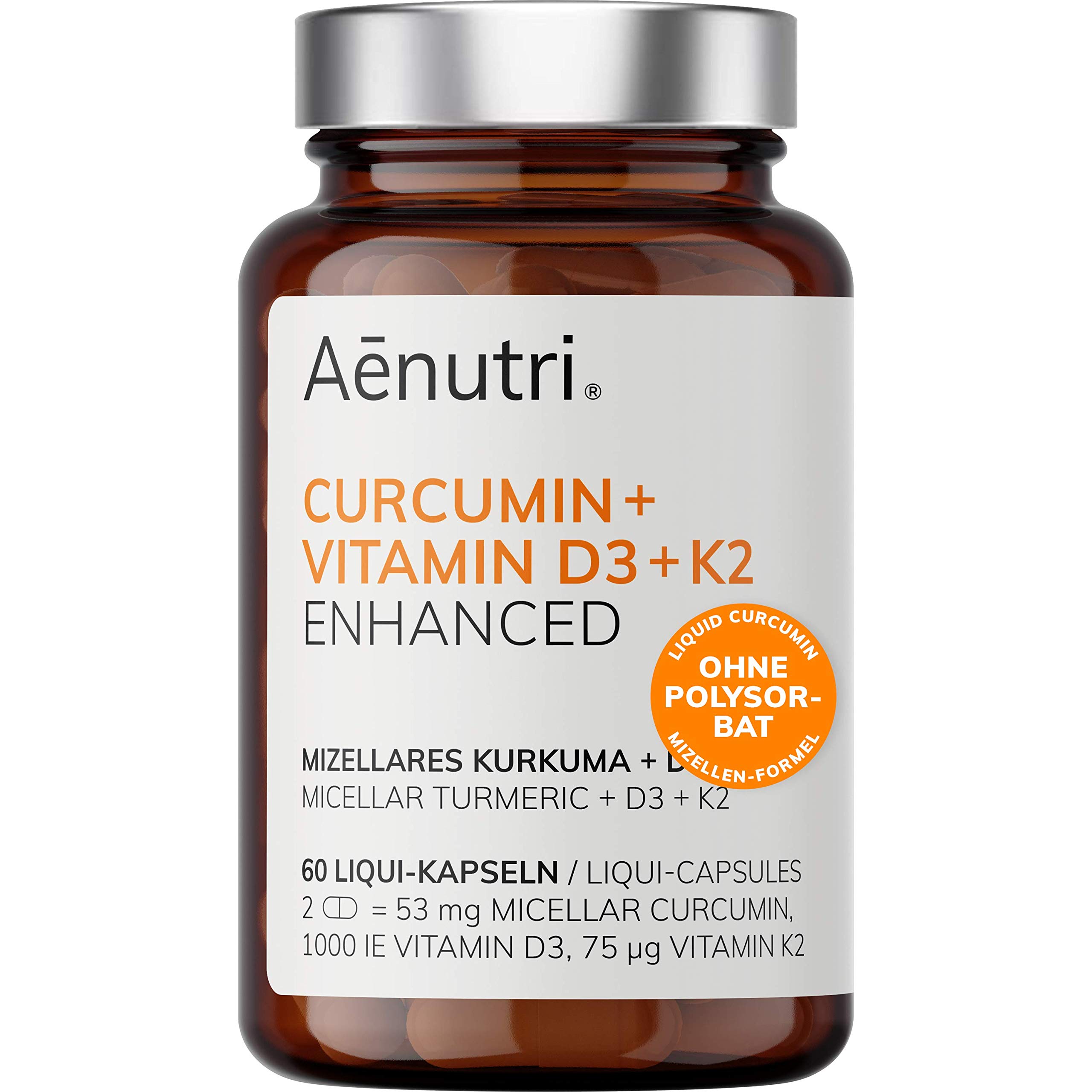 New: Curcumin Plus High Strength | Liquid Turmeric in Micelle Formula | Without Polysorbate, Without Piperine | Micellar with Vitamin D3 + K2 | Made in Germany | 60 Capsules