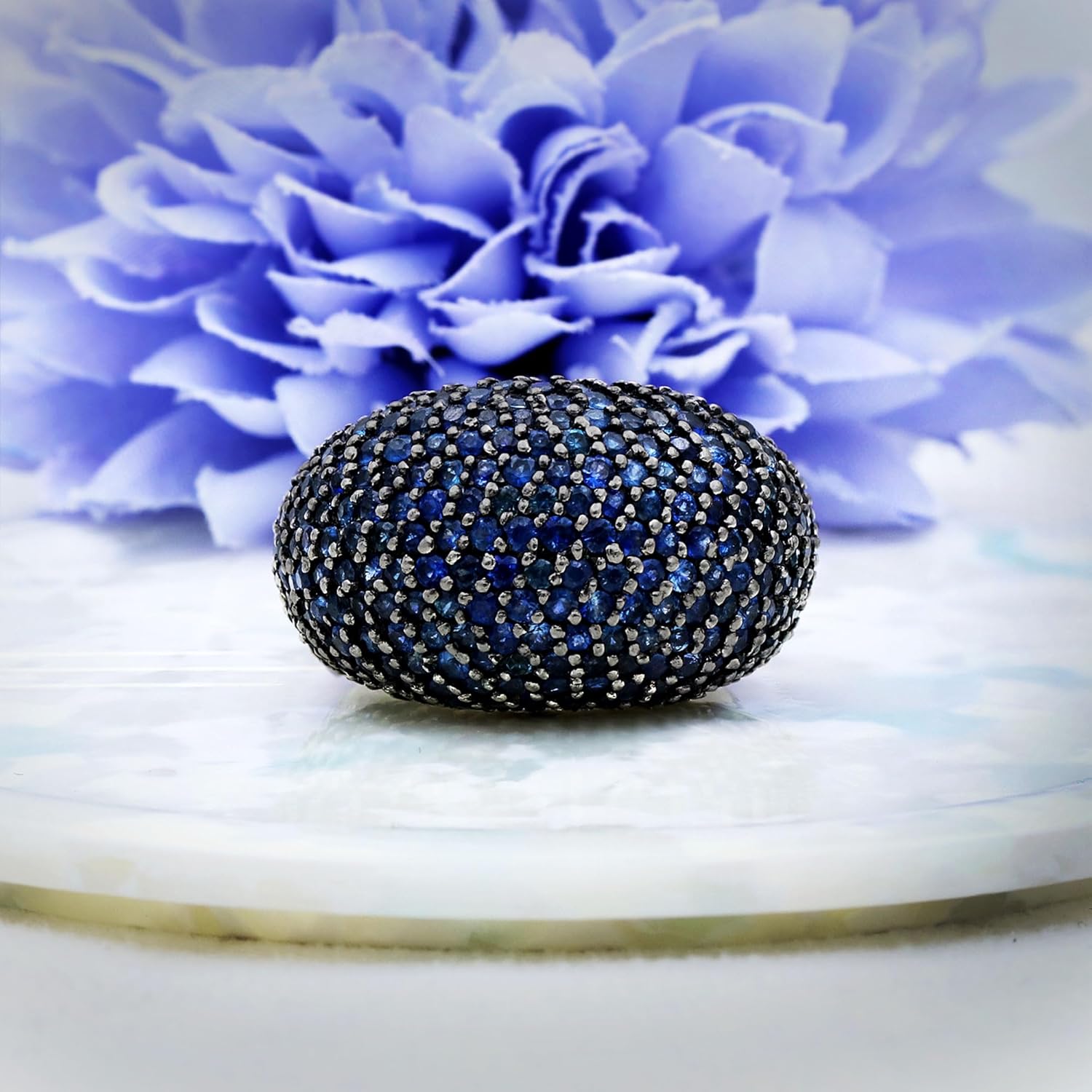 Memoria Jewels Blue Sapphire & Green Amethyst Statement Cocktail Ring | 925 Sterling Silver Full Pavé Dome Ring for Women & Men | Luxury Wide Band Vintage Designer 2.60 CT Gemstone Ring.