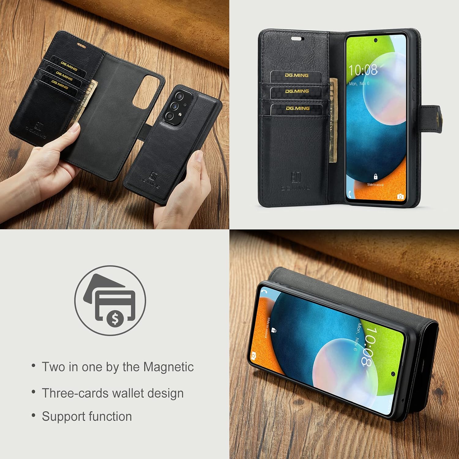 Detachable 2 in 1 Split Magnetic Flip Folio Wallet Case Compatible with Samsung Galaxy A53 5G Genuine Leather Phone Case with 3 Card Holder Slots Kickstand Shockproof Cover(Black)