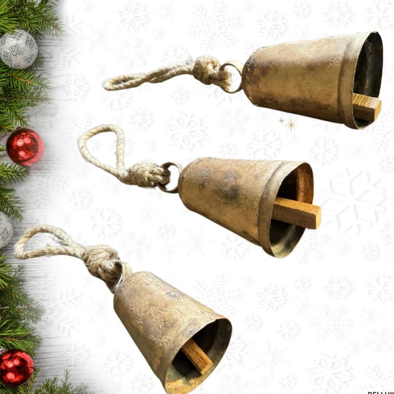 Harmony 3 Cow Bells Set on Rope Large Rustic Vintage Lucky Cow Bells On Rope Wall Hanging Décor (Cone Set 3)