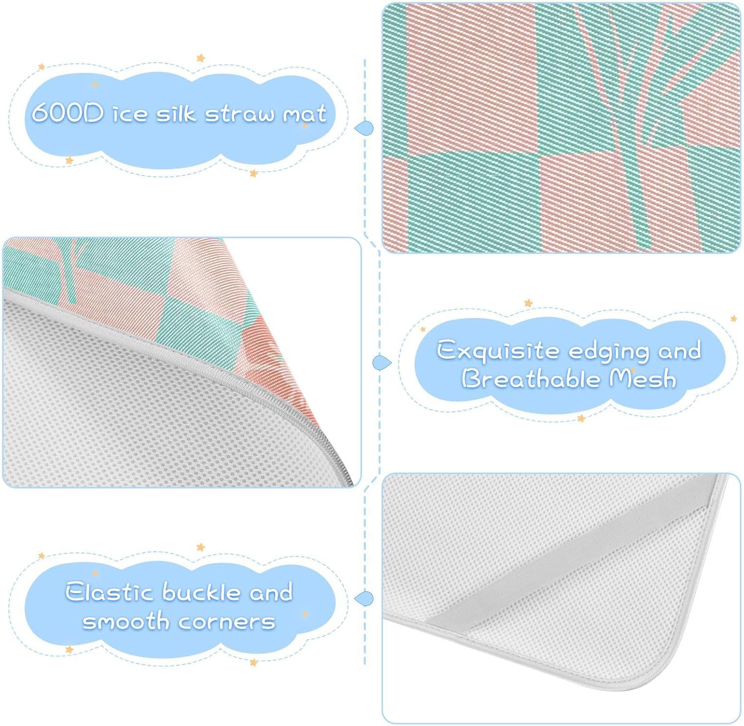 Mint Green and Coral Checkered Pattern Flowers Cooling Baby Mattress 28" x 52" Breathable Crib Padding for Sides for Kids, Adult