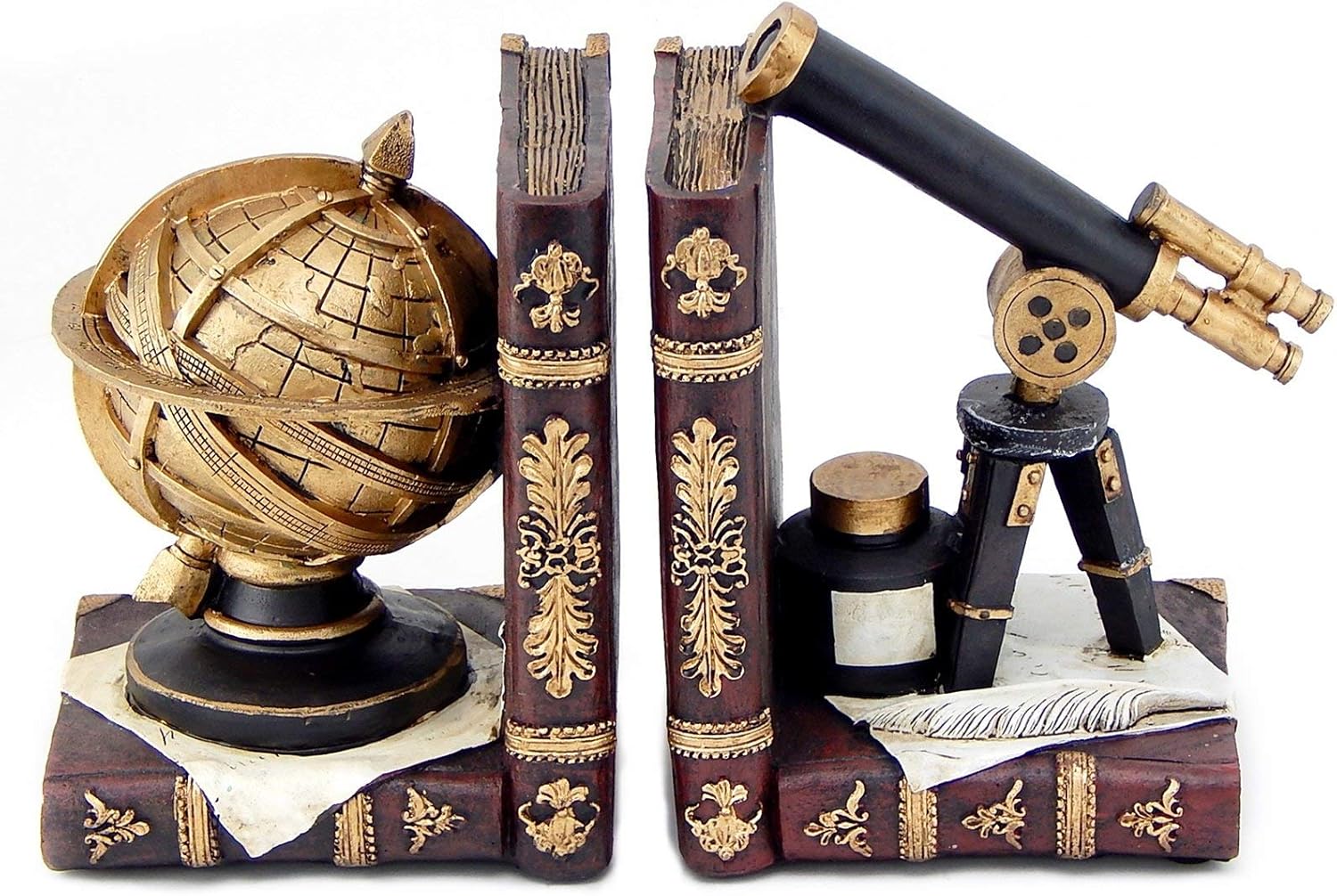 Bellaa 26355 Decorative Bookends Astronomy Vintage Retro Tellurion Galileo Sky Telescope Globe Armillary Sphere Non Skid Heavy-Duty Book Ends for Shelves & Desks