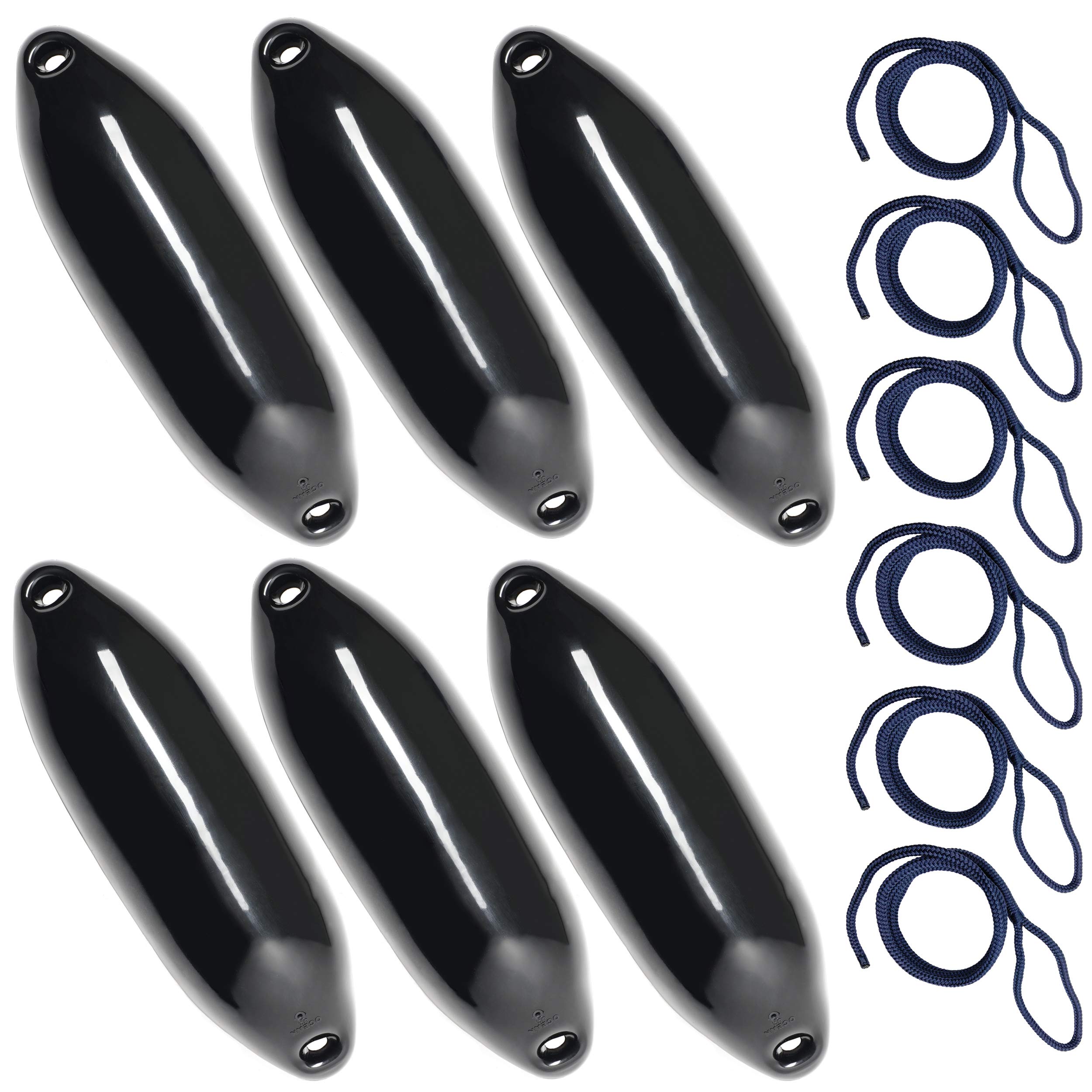 6er Set Fender incl. Fenderleinen | U-Serie | Verschiedene Größen und Farben | blau, schwarz, weiß | 33, 40, 50, 56, 64, 76 cm Länge | Boot & Yacht Stegfender, Langfender