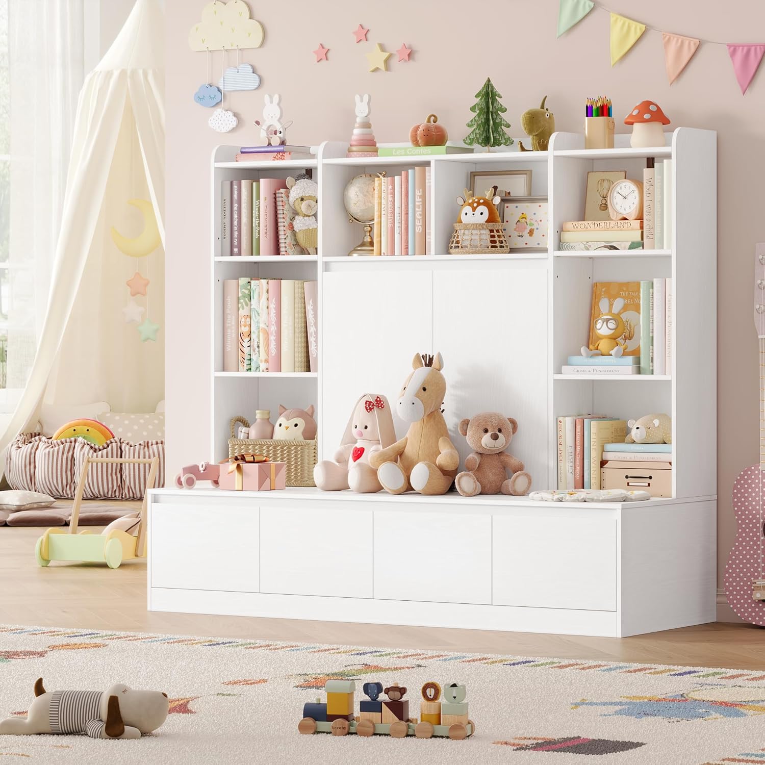 HIFIT 4-In-1 Kids Bookshelf and Toy Storage Organizer with Bench, 10-Cube Kids Bookcase with Reading Nook & 4 Sliding-Drawers & 2 Doors, Toy Chest Storage Cabinet for Playroom, Nursery,Classroom,White