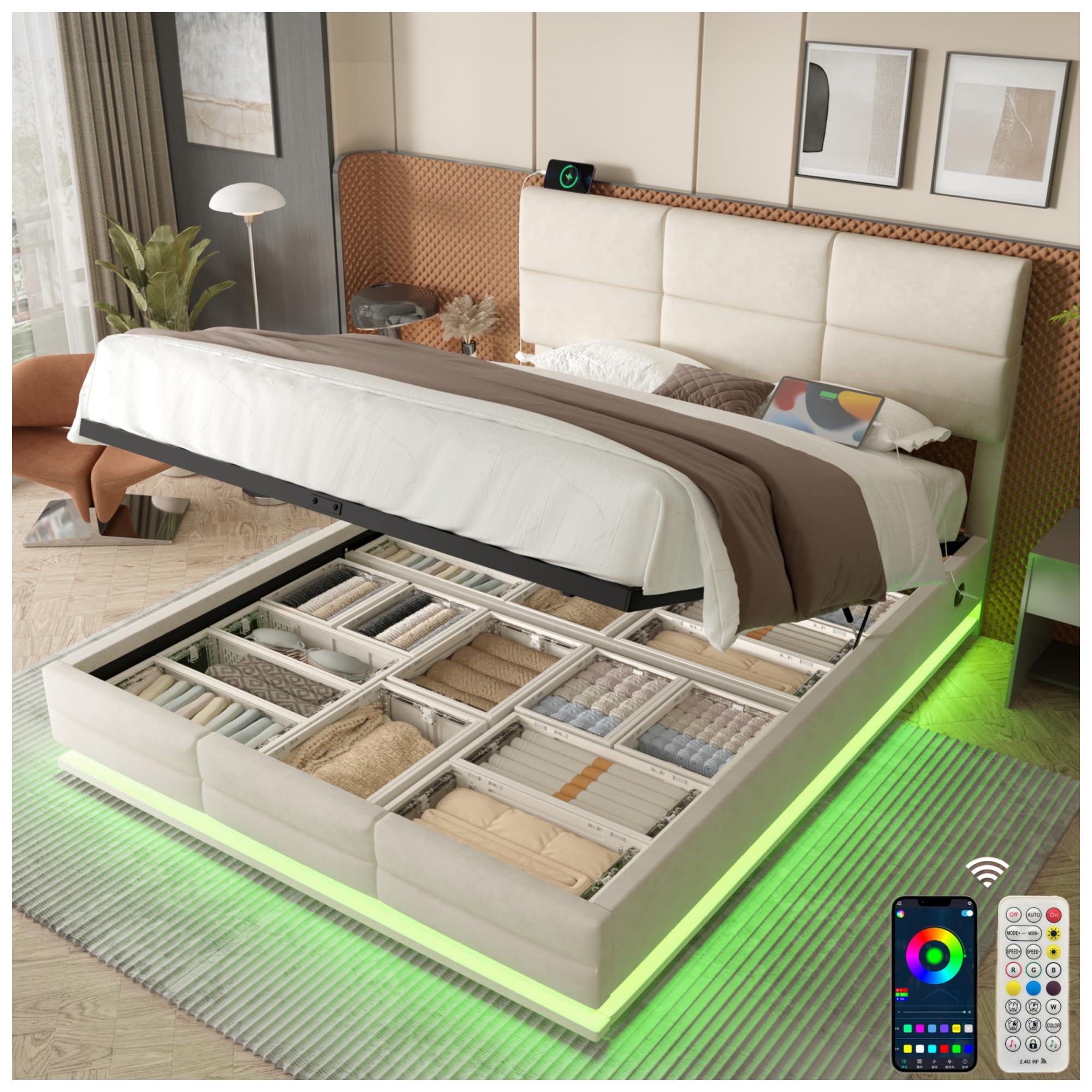 Lubvtti Letto imbottito con LED e porte USB&Type-C,letto matrimoniale con contenitore idraulico e testiera regolabile in altezza,letto contenitore matrimoniale,velluto (Beige,180x200)