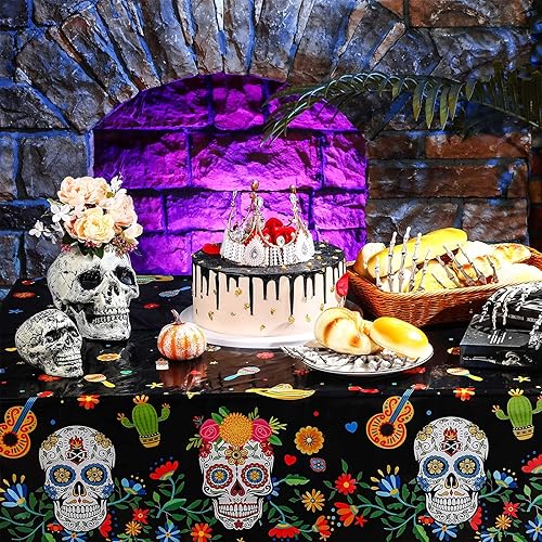 Miniatura 5 de Mantel de plástico con diseño del Día de los Muertos con diseño floral de calavera de azúcar, desechable, rectangular, para Halloween, fiesta