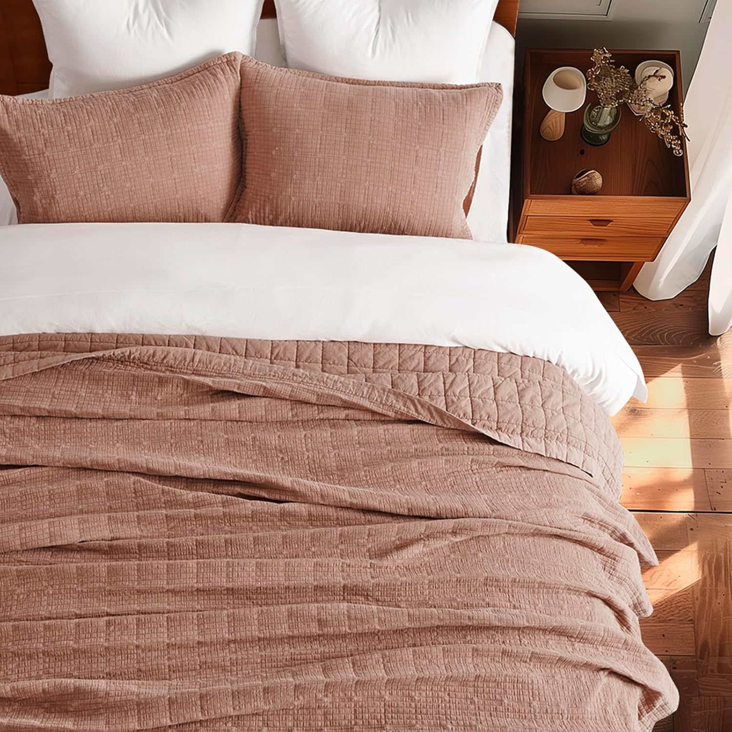 EVERGRACEHOME Stonewashed Cotton Quilt Set King Size, Ultra Soft Oversized Bedspread Coverlet Set, Lightweight Crinkle Box Stitch Bedding Sets for All Season, with 2 Shams, Terracotta Clay - Image 2