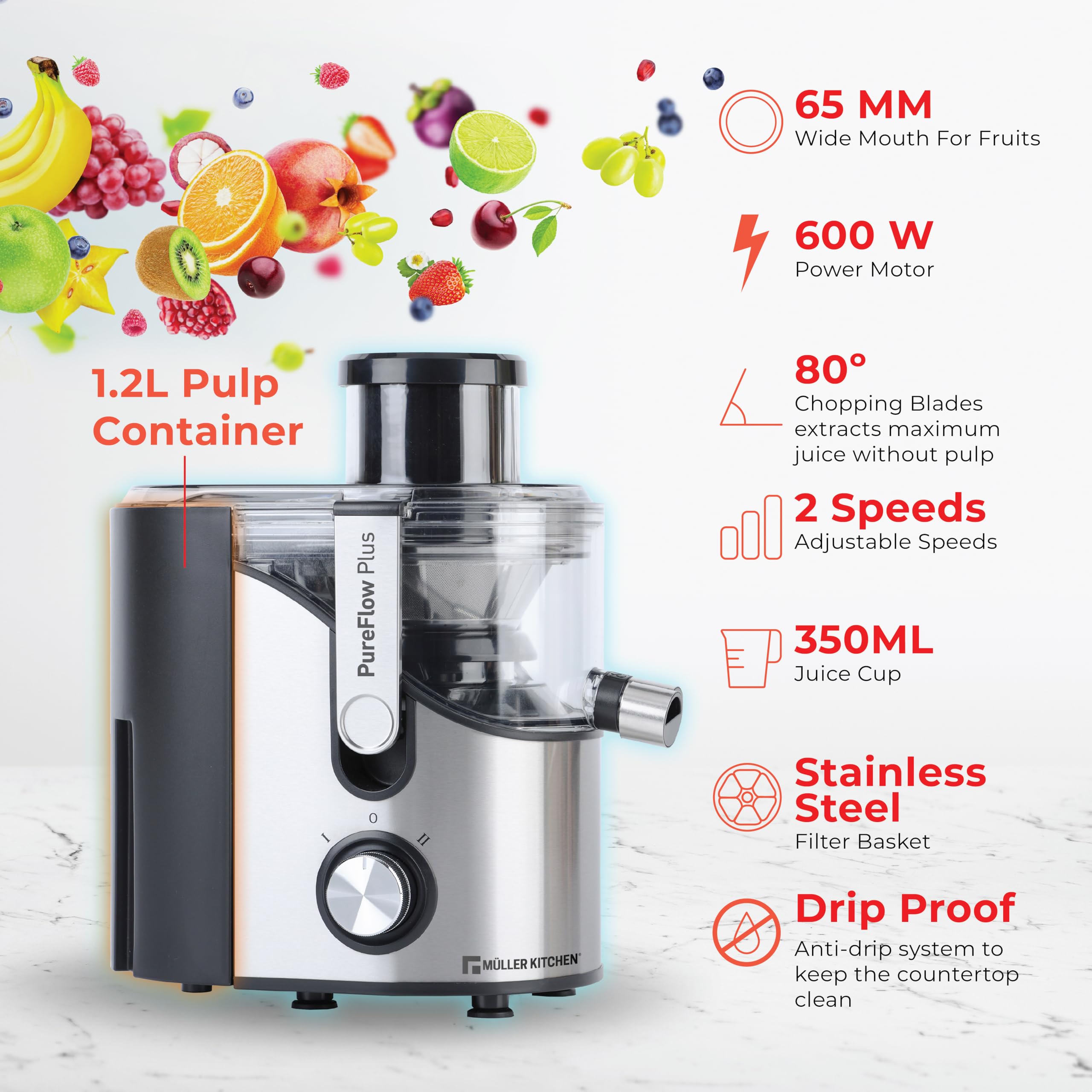 Muller Kitchen MK-6073 Licuadora para verduras y frutas (INOX, Tubo de alimentación extra grande, 2 velocidades, pies de goma antideslizantes)