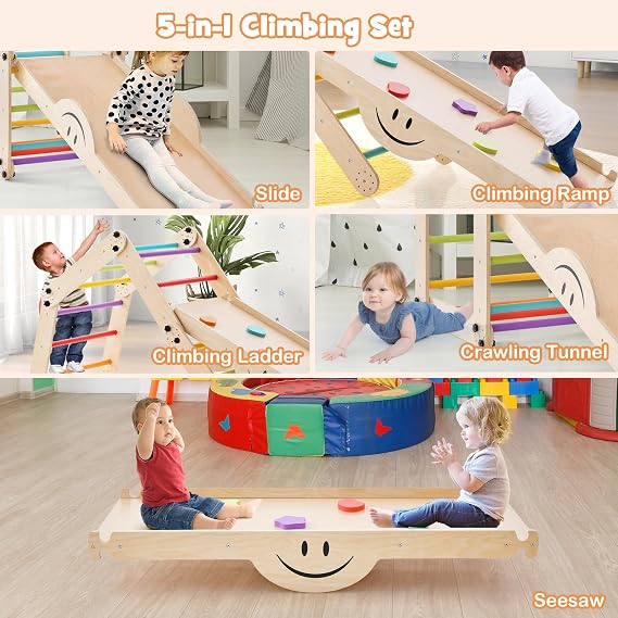 Costzon Climbing Toys for Toddlers, 10 in 1 Foldable Montessori Indoor Wooden Climber Ladder with Reversible Ramp, Multi-Combination Methods, Kids Triangle Climber Play Gym Set for Boys Girls Present