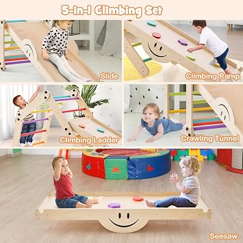 Costzon Climbing Toys for Toddlers, 10 in 1 Foldable Montessori Indoor Wooden Climber Ladder with Reversible Ramp, Multi-Combination Methods, Kids Triangle Climber Play Gym Set for Boys Girls Present