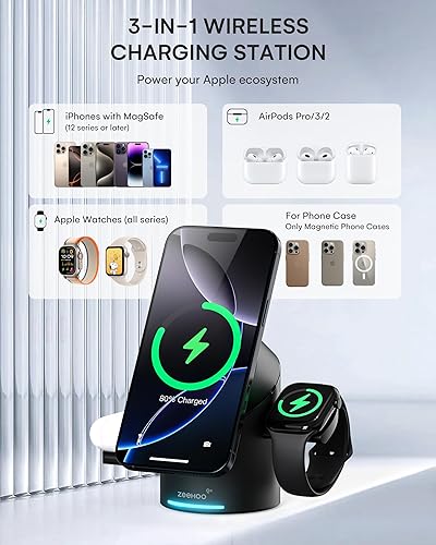 Miniatura 4 de ZEEHOO Estación de carga 3 en 1 para dispositivos Apple, soporte de cargador Mag-Safe, cargador inalámbrico giratorio automático Qi2 de 15W