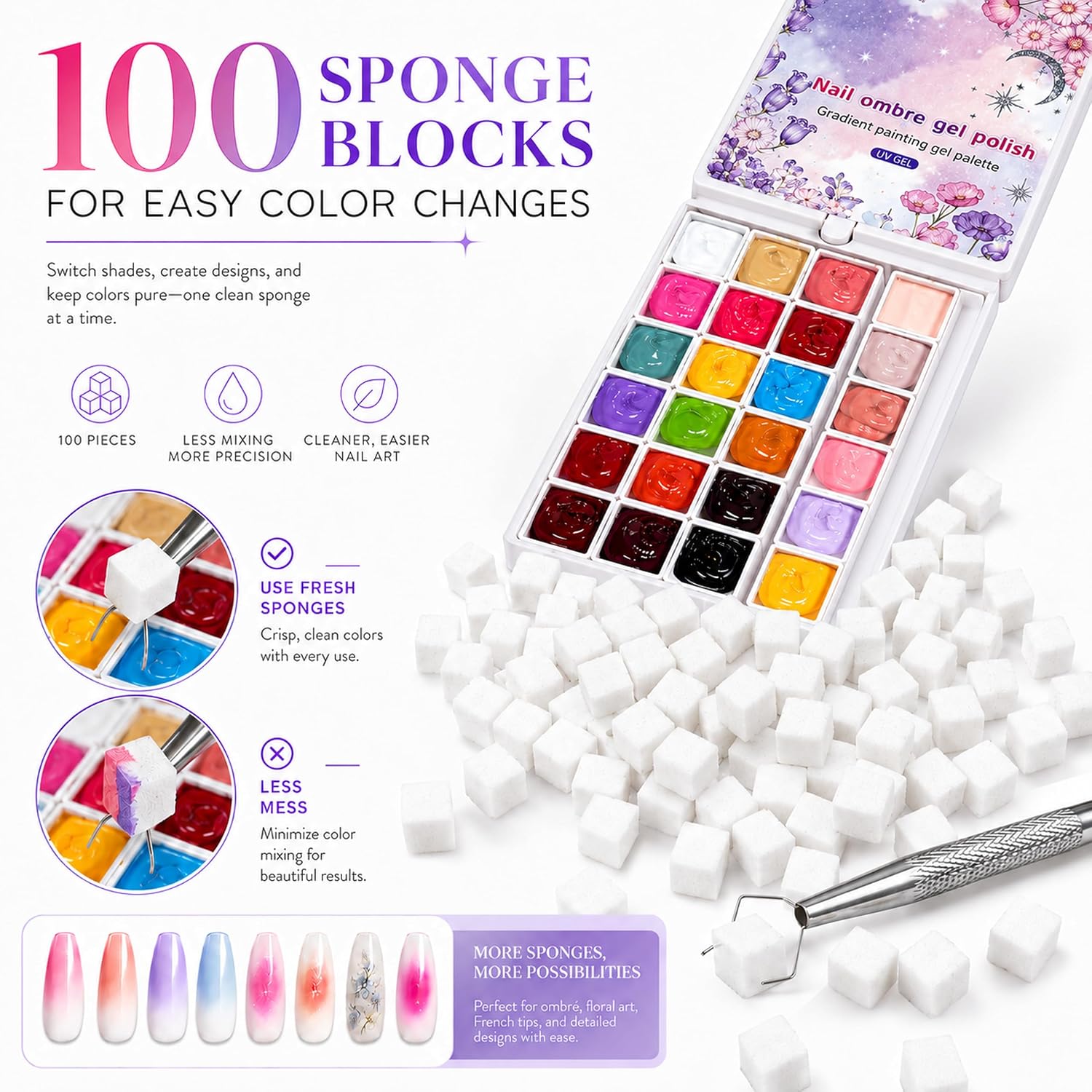 Pat Pat Gel Nail Polish Palette, 24 Color Patting Gel Kit for Ombre Aura Blush and French Nail Art, Includes 100 Sponge Blocks, Sponge Grabber Tool, UV LED Lamp Required