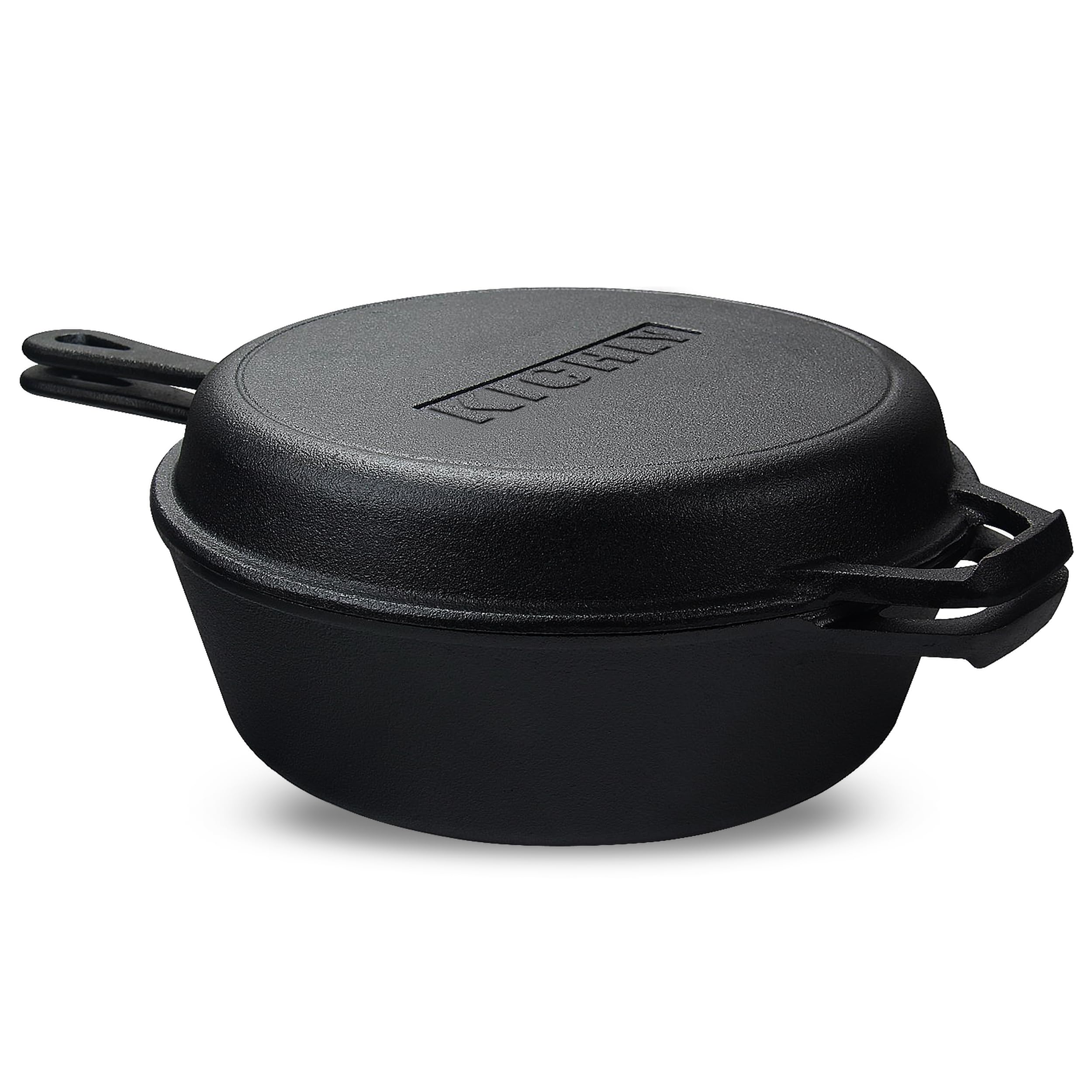 KICHLY Vorgewürzter Dutch Oven Feuertopf- Duale Funktion Bräter Gusseisen Topf – Gusseisenpfanne für Herd & Camping, für den Außen- & Innenbereich - 3L/3.2 Quart Koch set (2 in 1)