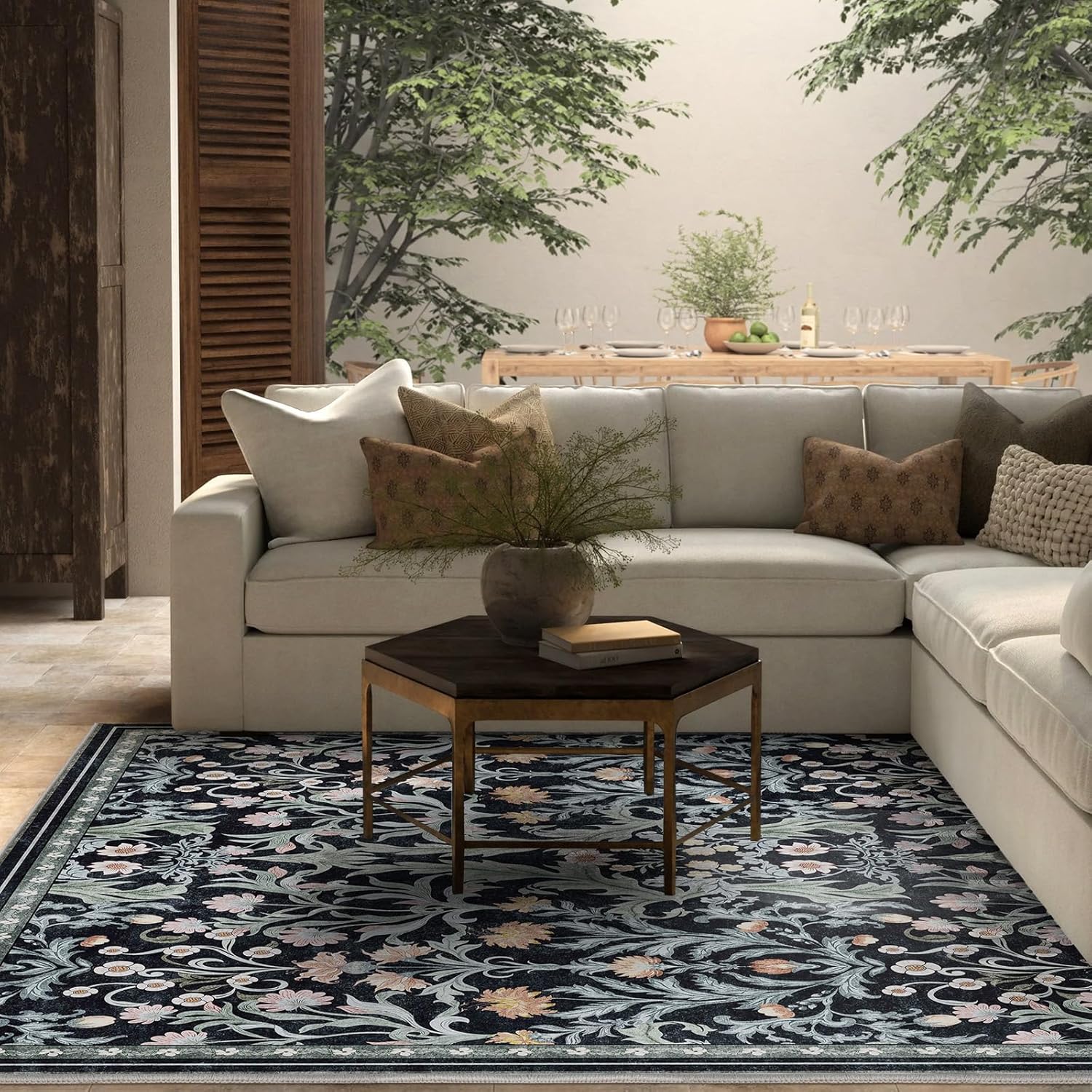 FUNAMT Floral Area Rug for Living Room, 5x7 Washable Rug Non Slip Boho Soft Carpet for Indoor, Stain Resistant Low Pile Vintage Rug for Bedroom Dining Room Farmhouse Hallway Home Office, Dark Blue