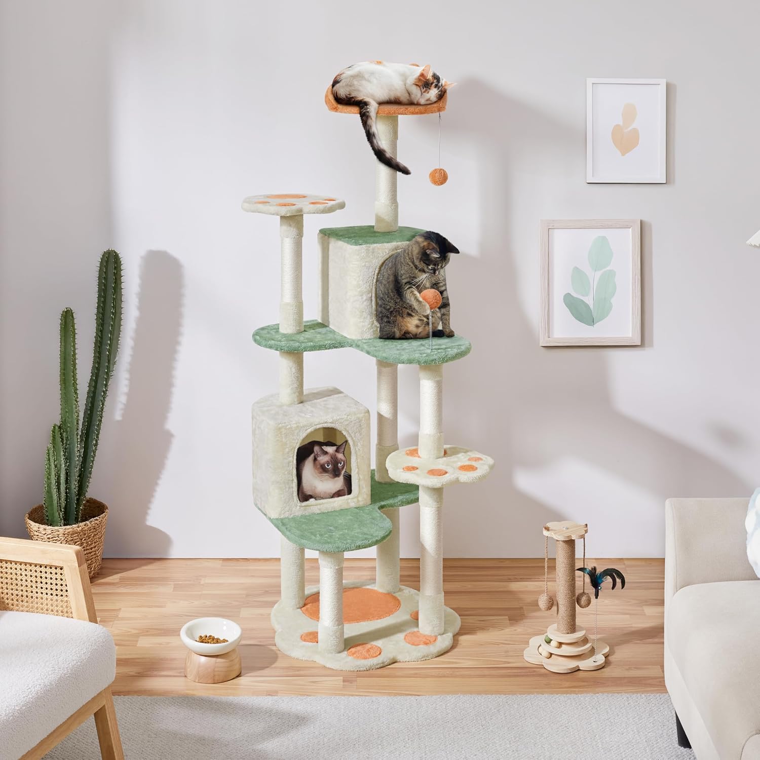 Yaheetech 65in Cat Tree, Cat Tower with Heart-Shaped Platform, Hanging Ball, Double Condos, Scratching Posts for Indoor Cats, Cat Climbing Frame Bed Furniture, Beige & Green & Orange