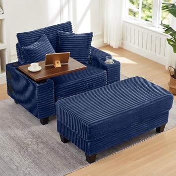 cinkehome Oversized Accent Chair with Ottoman & Table Board, Comfy Upholstered Armchair, Oversize Lounge Chair for Living Room, Reading Nook, Cup Holder Blue Corduroy