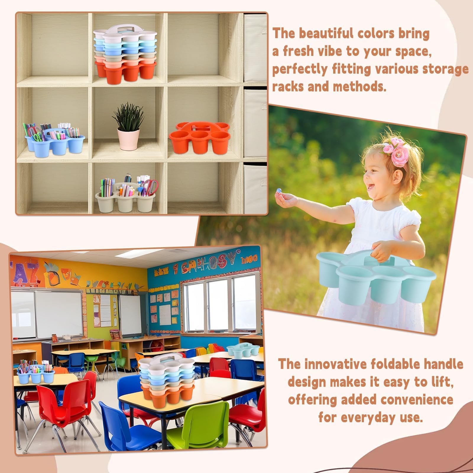 Morandi Organizer für Klassenzimmer, mit Griff, Kunststoff, Tisch-Caddies, Getränkehalter, 33 x 24,1 x 13 cm, Aufbewahrung, Schulbedarf, 6 Fächer für Tischkreide, Bleistifte, Tassen, Marker, Handwerk