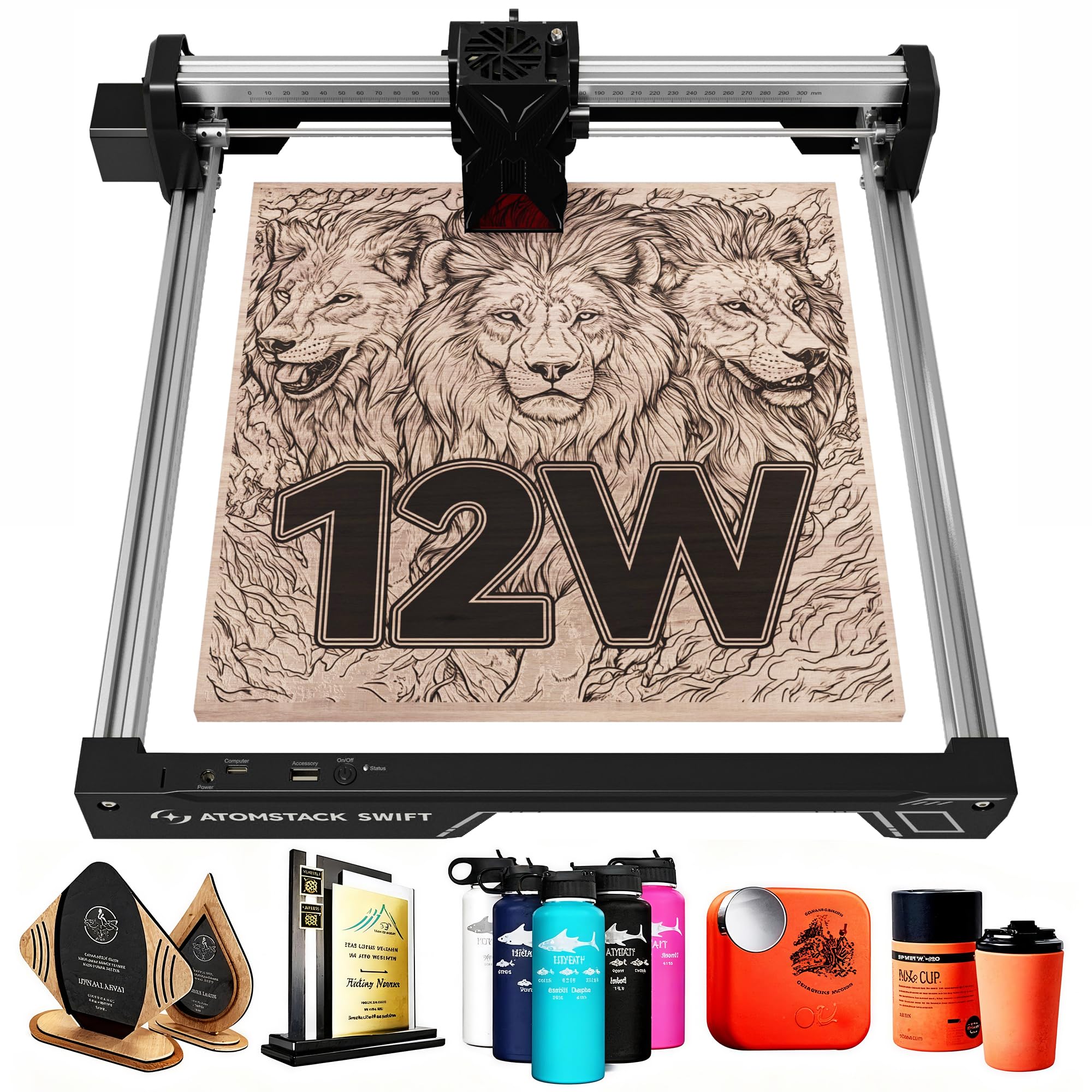 ATOMSTACK Machine de gravure laser, découpeuse laser Swift, découpeuse laser haute précision 0,01 mm pour bois et métal, acrylique foncé, cuir, surface de gravure 300 × 300 mm (Noir, Swift-12W)