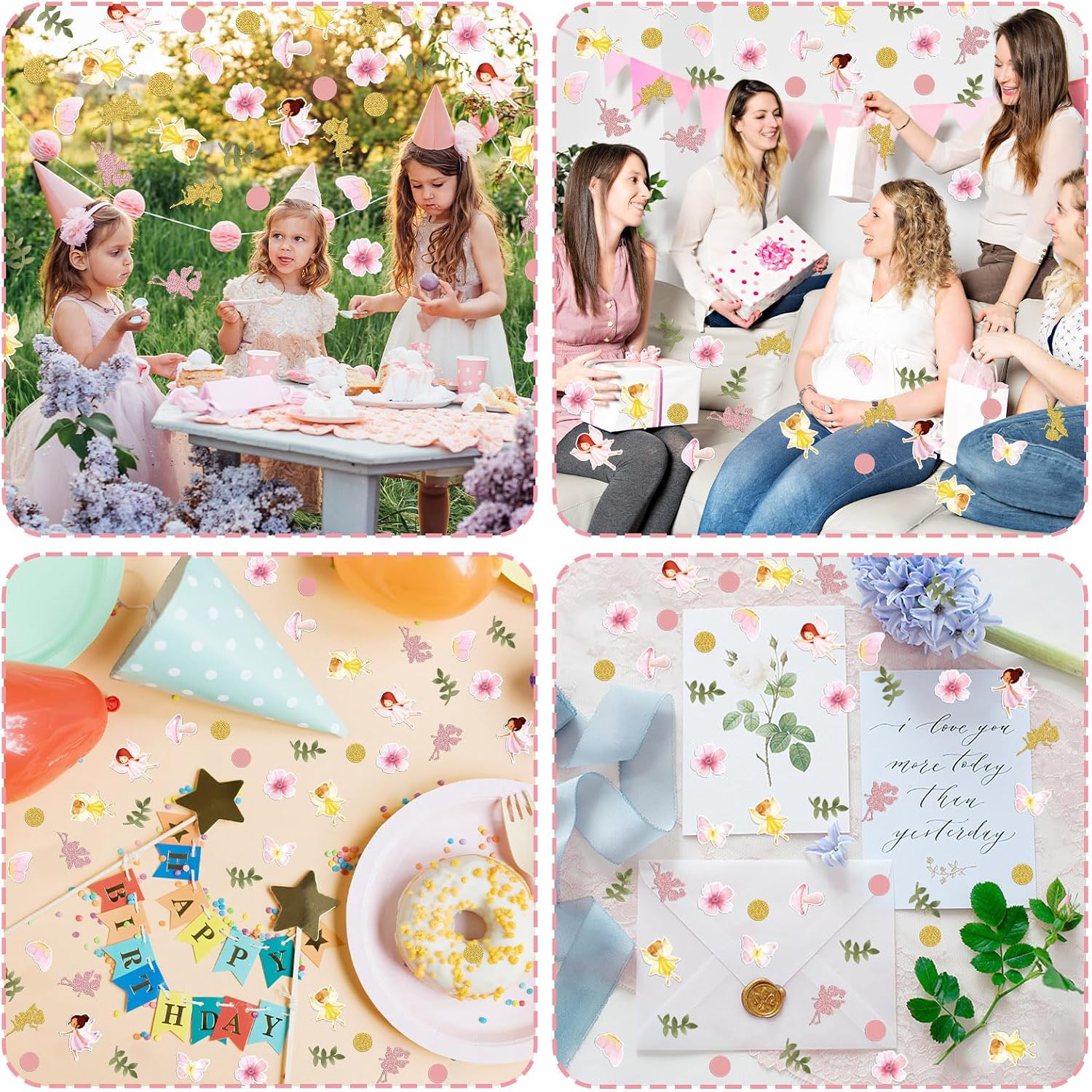 Pasimy 300 Pcs Fairy Confetti Fairy Theme Table Decoration Butterfly Mushroom Eucalyptus Glitter Confetti Double Sided Printing for Birthday Bridal Shower Wedding Gender Reveal Party Decoration