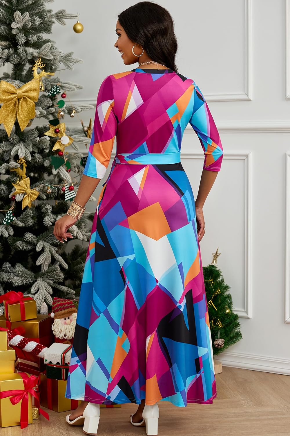 AOMONI Women's Floral Print Maxi Dresses Summer with Pockets Casual 3 4 Sleeve V-Neck Wrap Tie Waist Long Dress, M-3XL - Image 3