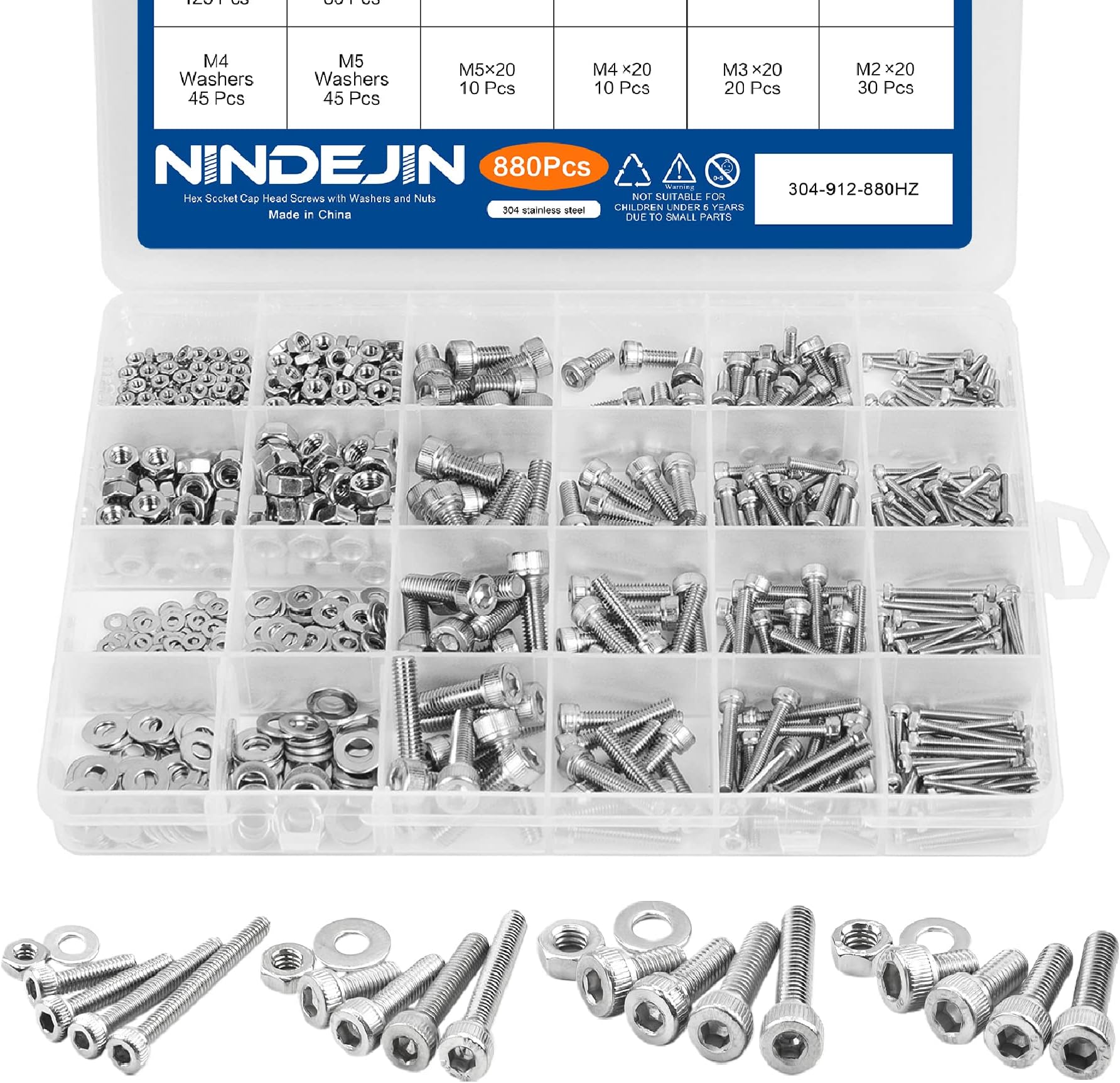 NINDEJIN 880Pcs Screw Nuts and Bolts Assortment Kit, M2 M3 M4 M5 Metric Bolts and Nuts and Washers Set, 304 Stainless Steel Precise Hex Socket Head Cap Machine Screws Set with Allen Wrenches