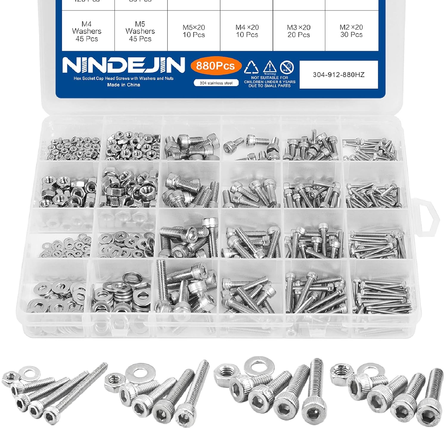 NINDEJIN 880 Pcs Screw Nuts and Bolts Assortment Kit, M2 M3 M4 M5 Metric Bolts and Nuts and Washers Set, 304 Stainless Steel Precise Hex Socket Head Cap Machine Screws Set with Allen Wrenches