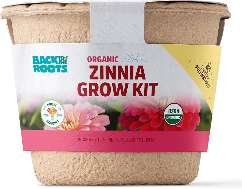 Back to the Roots Kit de cultivo de flores de Zinnia orgánica con tierra y semillas para macetas de inicio plantables