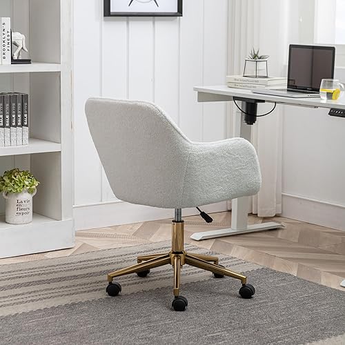 Miniatura 8 de SSLine Silla de tocador de piel sintética, elegante silla de escritorio de maquillaje peludo blanco para niñas y mujeres, silla moderna y cómoda con