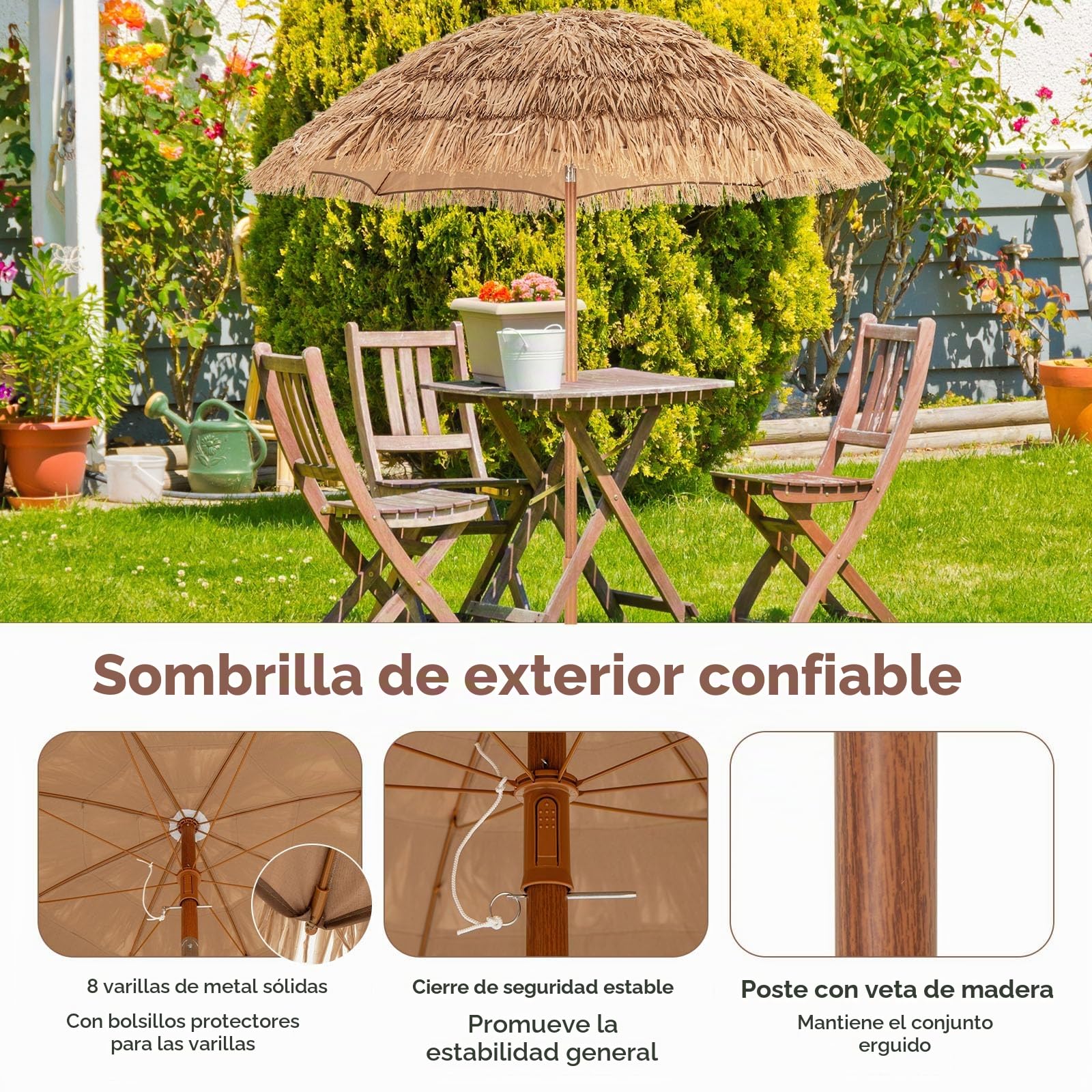 RELAX4LIFE Sombrilla hawaiana, paja, diámetro de 200 cm, sombrilla para balcón inclinable, sombrilla de jardín con soporte plegable y bolsa de transporte, sombrilla de paja, sombrilla hawaiana con