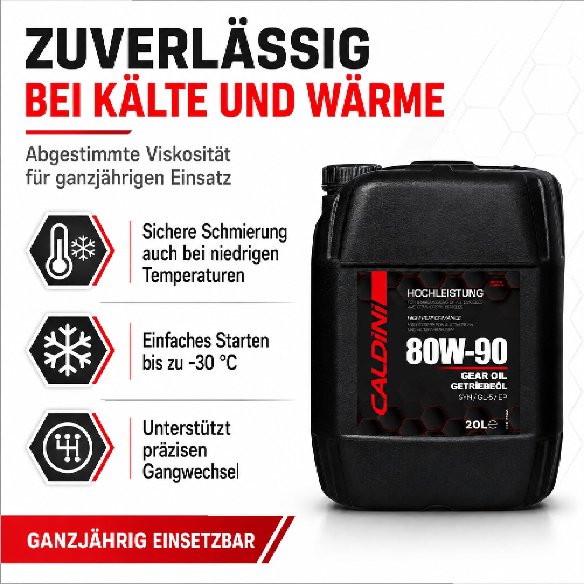 Caldini SAE 80W-90 Hypoid Getriebeöl GL-5, 20 Liter, mineralisches Mehrbereichsöl für Schaltgetriebe, Achsen, Differentiale und Hypoidantriebe, MIL-L 2105 D, Made in Germany
